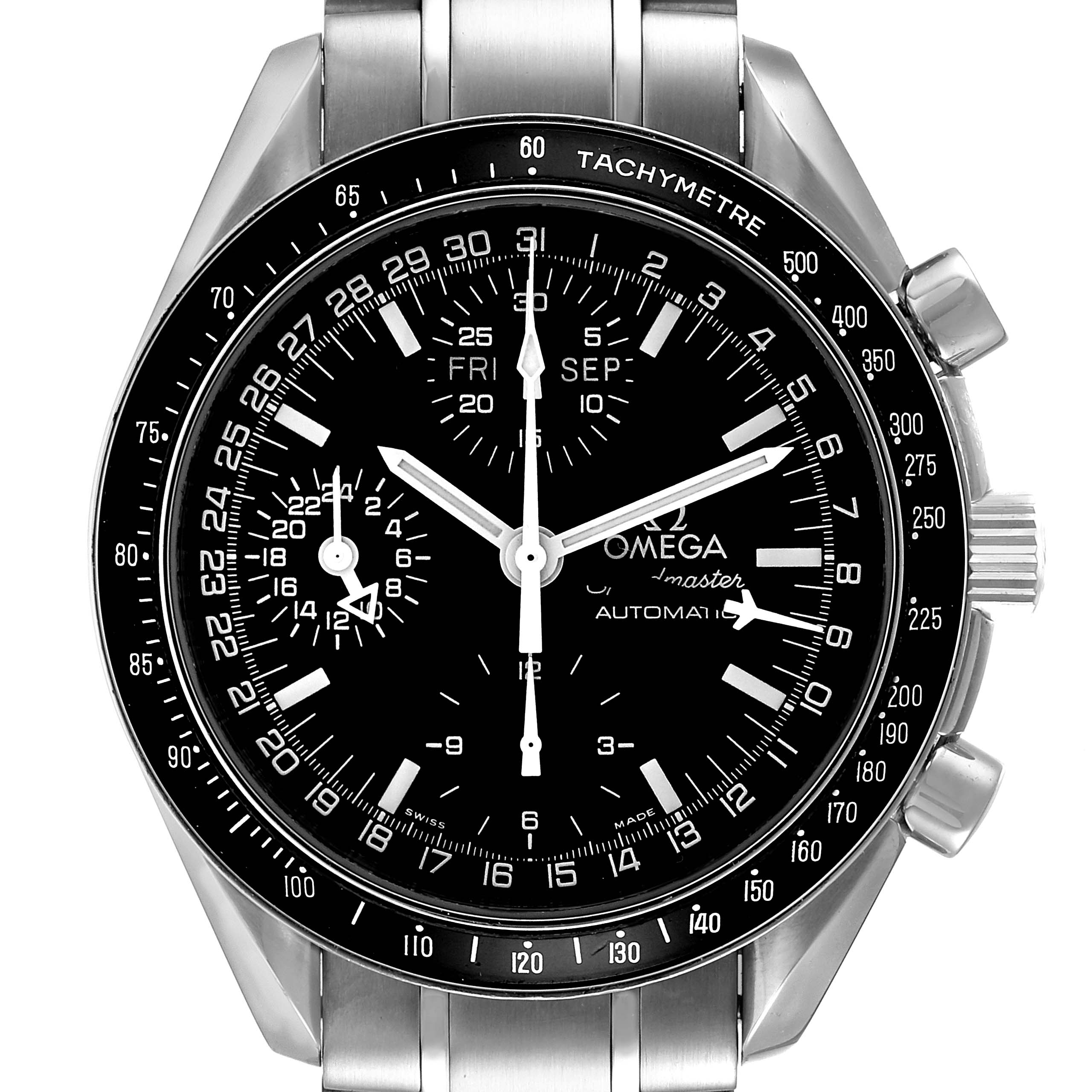 This image shows a front view of an Omega Speedmaster 3520.50.00 Men's Stainless Steel Black Dial 3520.50.00 Men's Stainless Steel Black Dial watch, displaying the dial, hands, sub-dials, and tachymeter bezel.