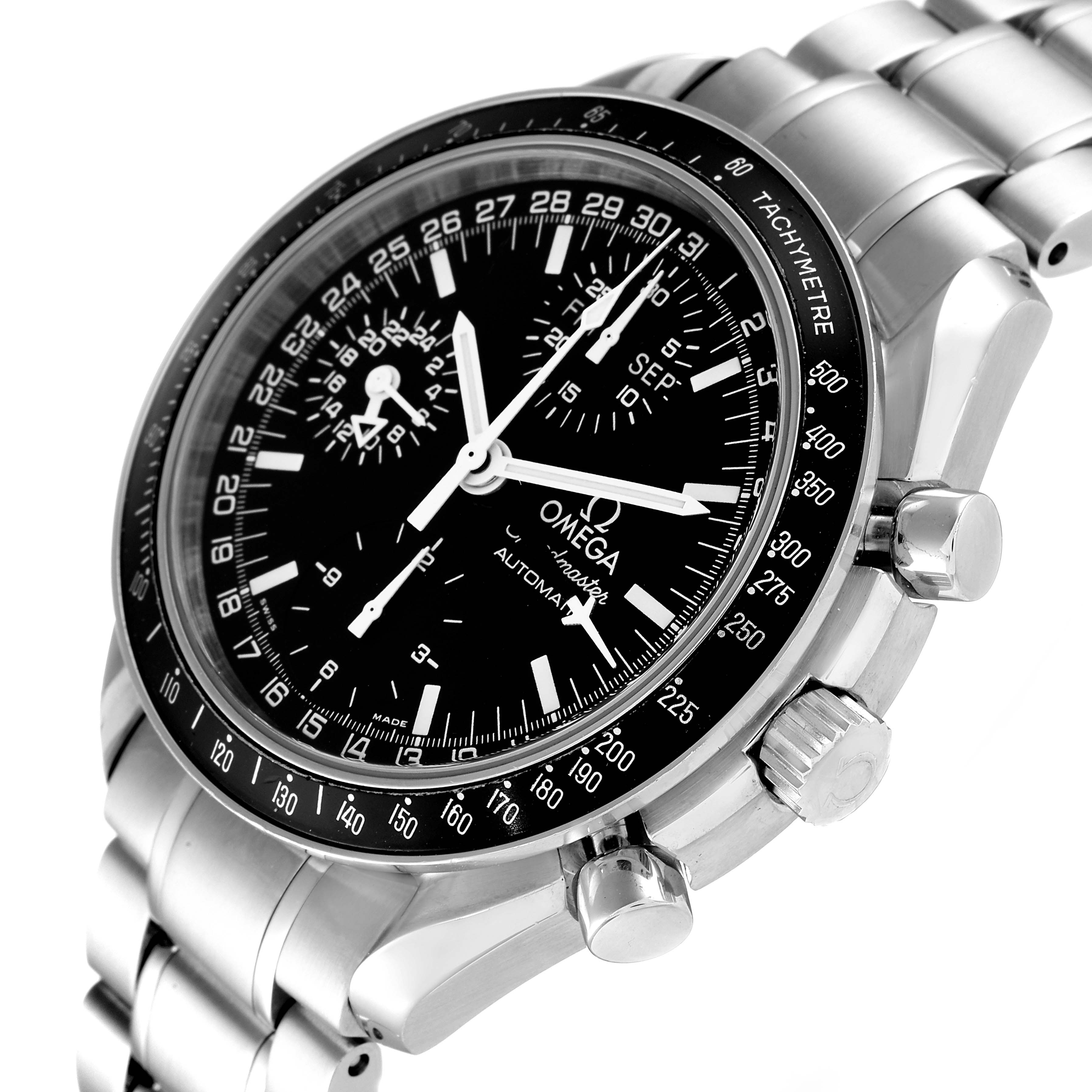 This angle shows the dial, bezel, and bracelet of the Omega Speedmaster 3520.50.00 Men's Stainless Steel Black Dial 3520.50.00 Men's Stainless Steel Black Dial watch.