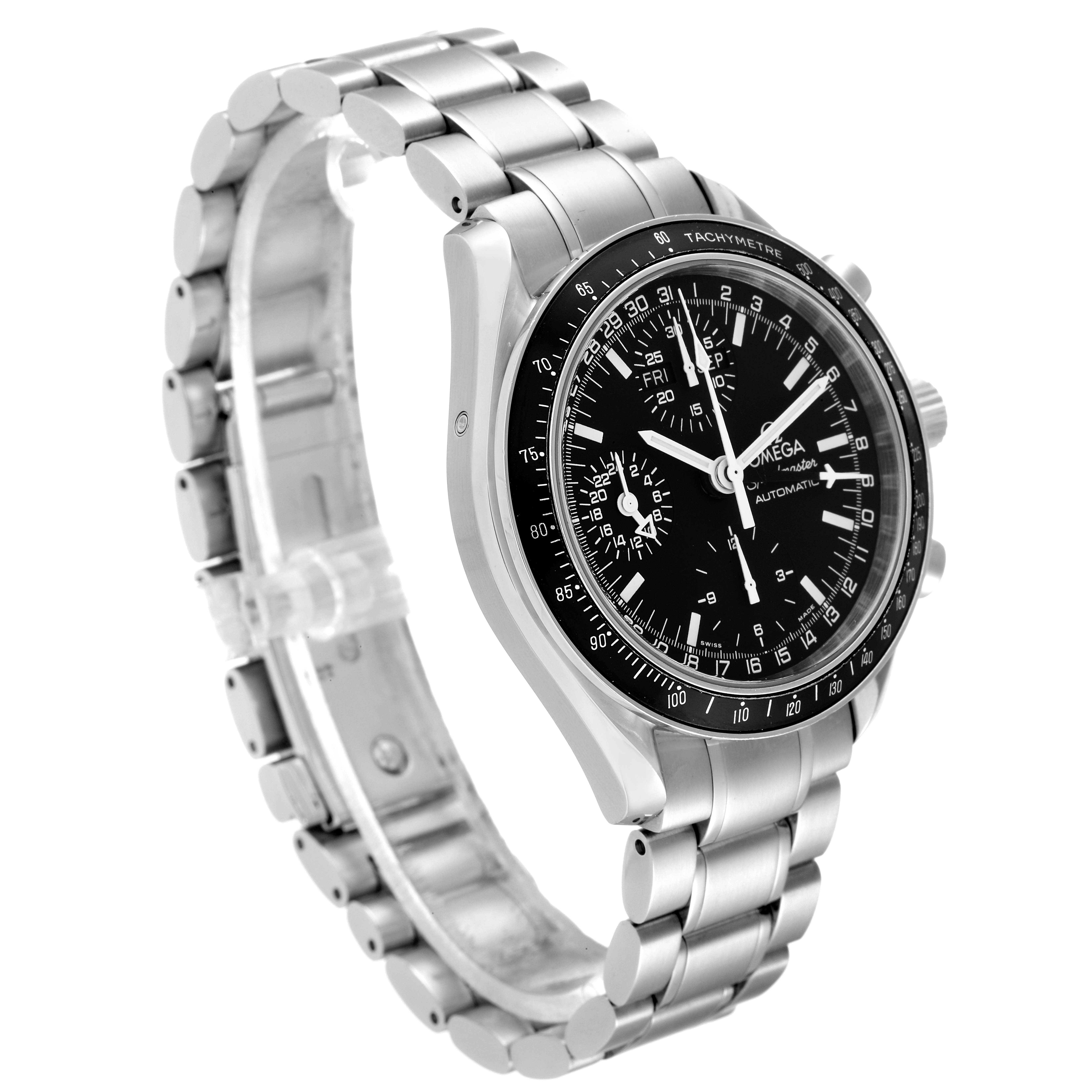 This image shows an Omega Speedmaster 3520.50.00 Men's Stainless Steel Black Dial 3520.50.00 Men's Stainless Steel Black Dial watch at a three-quarter angle, highlighting the dial, bezel, and metal bracelet.