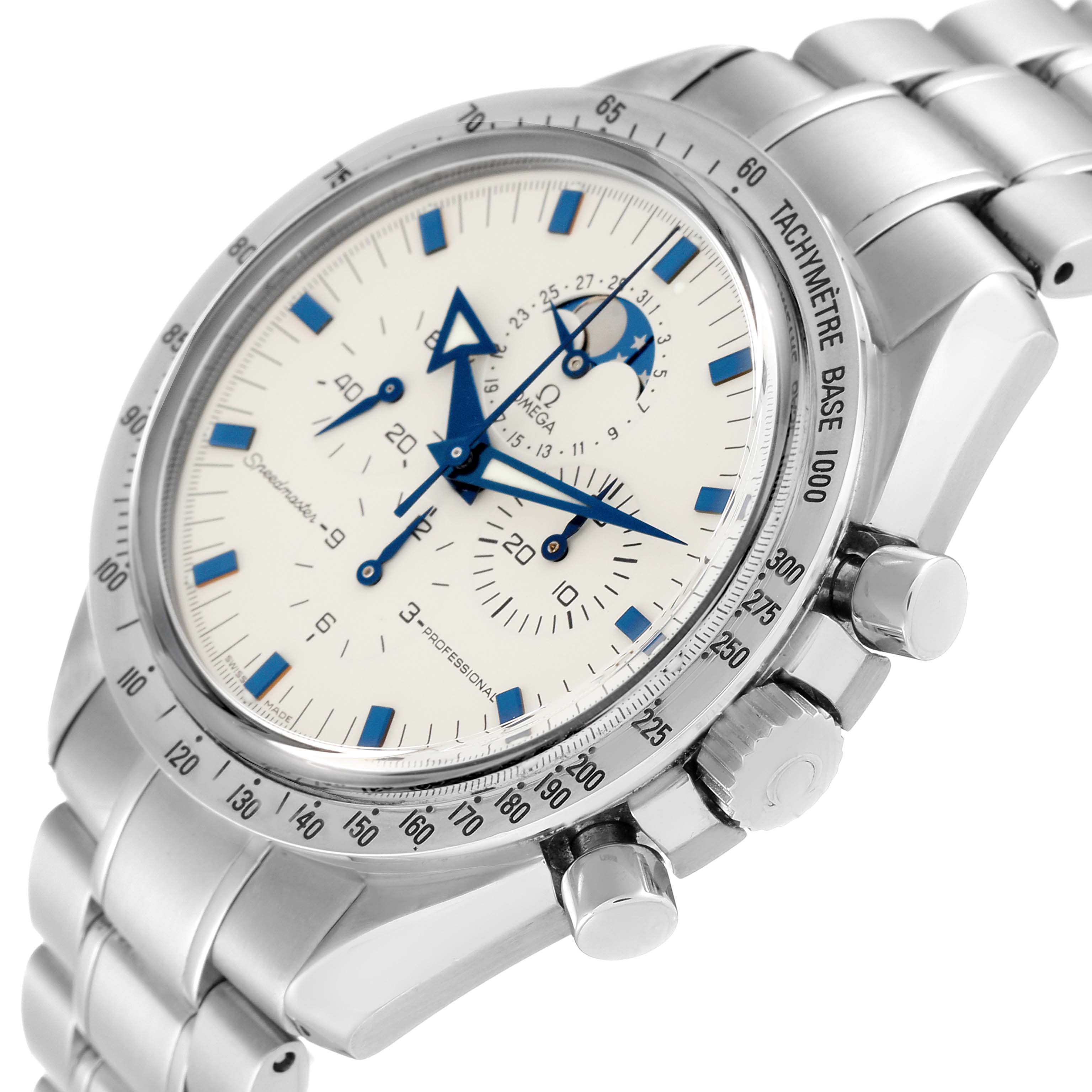 This image shows an angled view of the dial and side buttons of an Omega Speedmaster 3575.20.00 Men's Stainless Steel White Dial 3575.20.00 Men's Stainless Steel White Dial watch with a metal band.