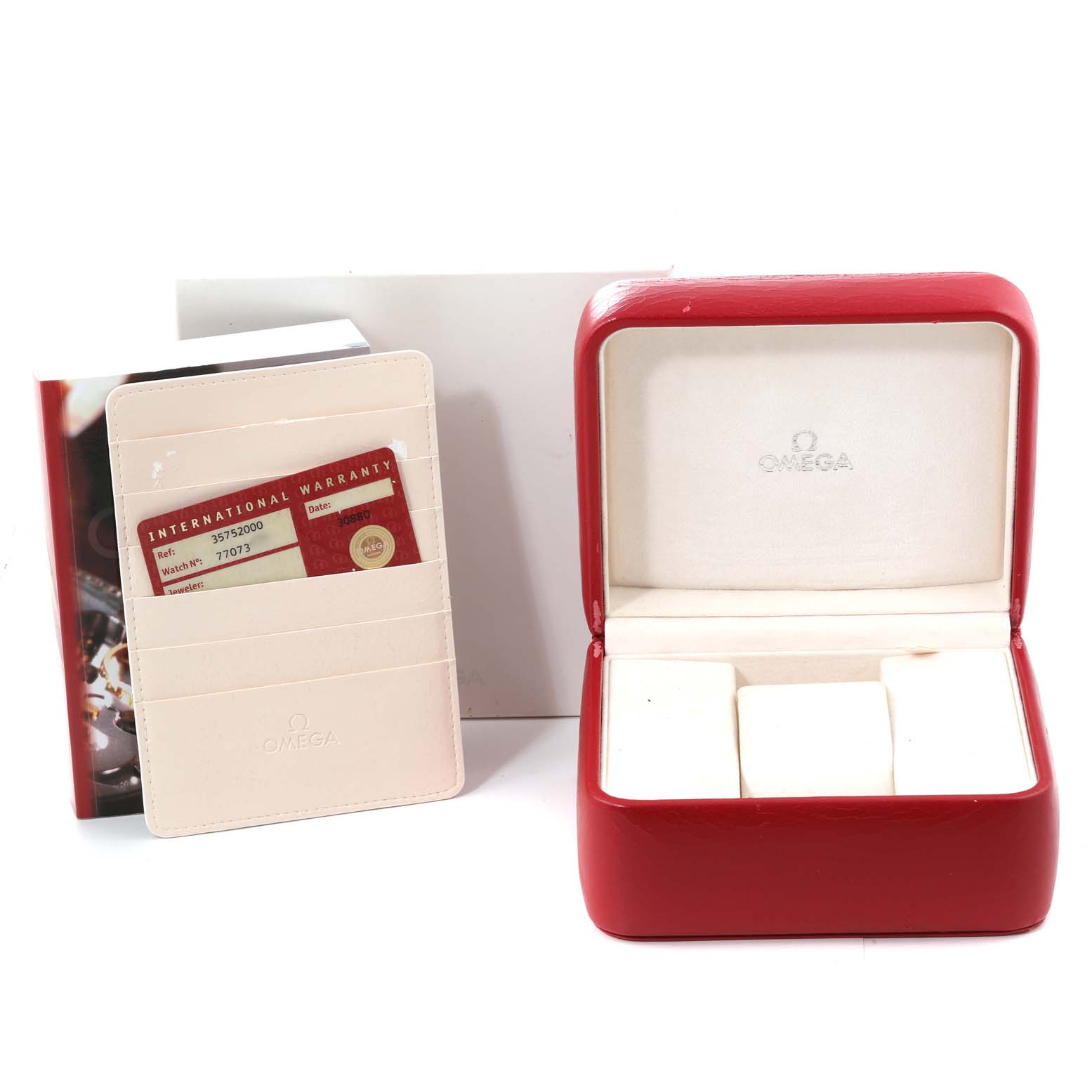 The image shows the red Omega Speedmaster 3575.20.00 Men's Stainless Steel White Dial 3575.20.00 Men's Stainless Steel White Dial watch box, warranty cards, and manual from a front angle.
