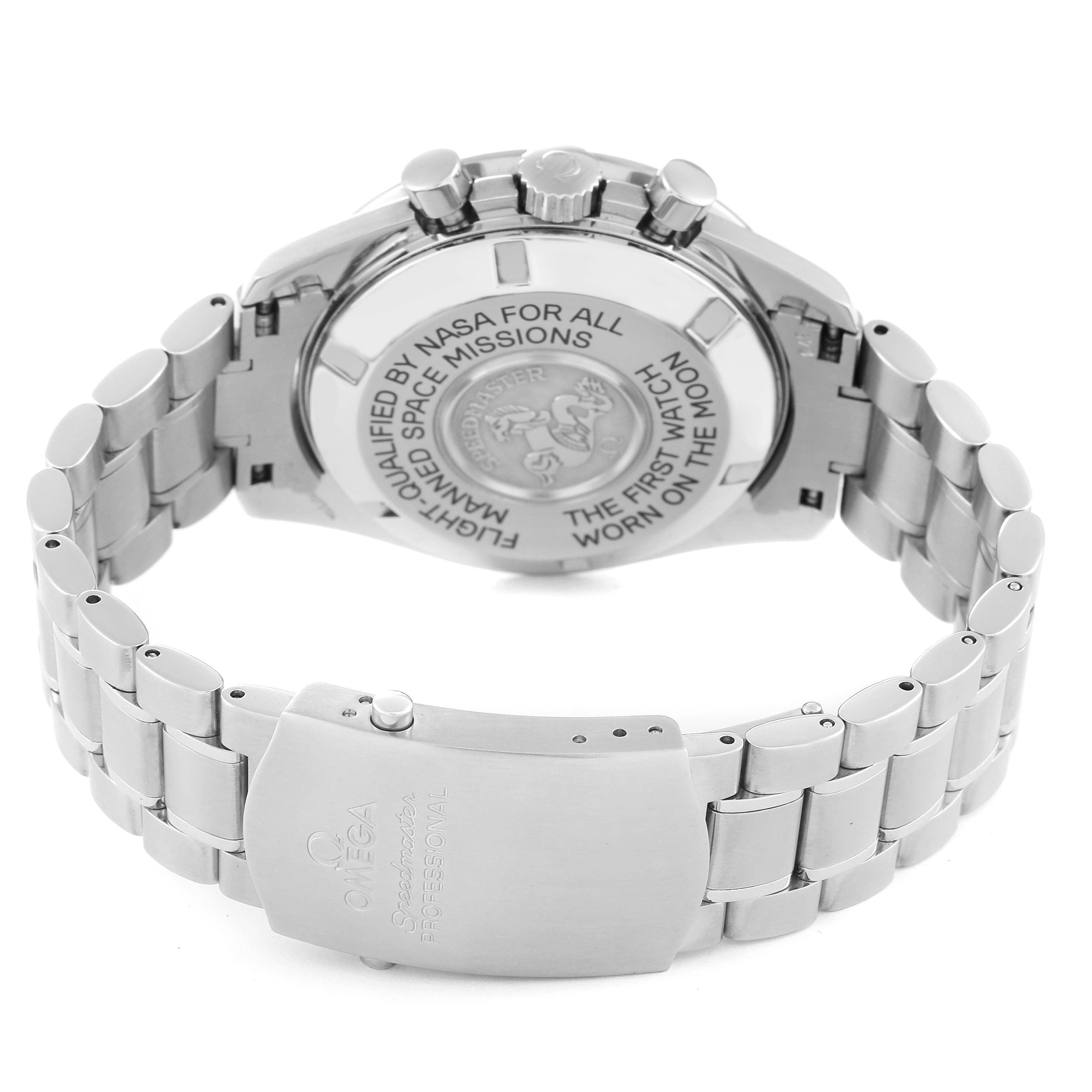 This image shows the back and clasp of the Omega Speedmaster 3575.20.00 Men's Stainless Steel White Dial 3575.20.00 Men's Stainless Steel White Dial watch, highlighting engravings and stainless steel bracelet.