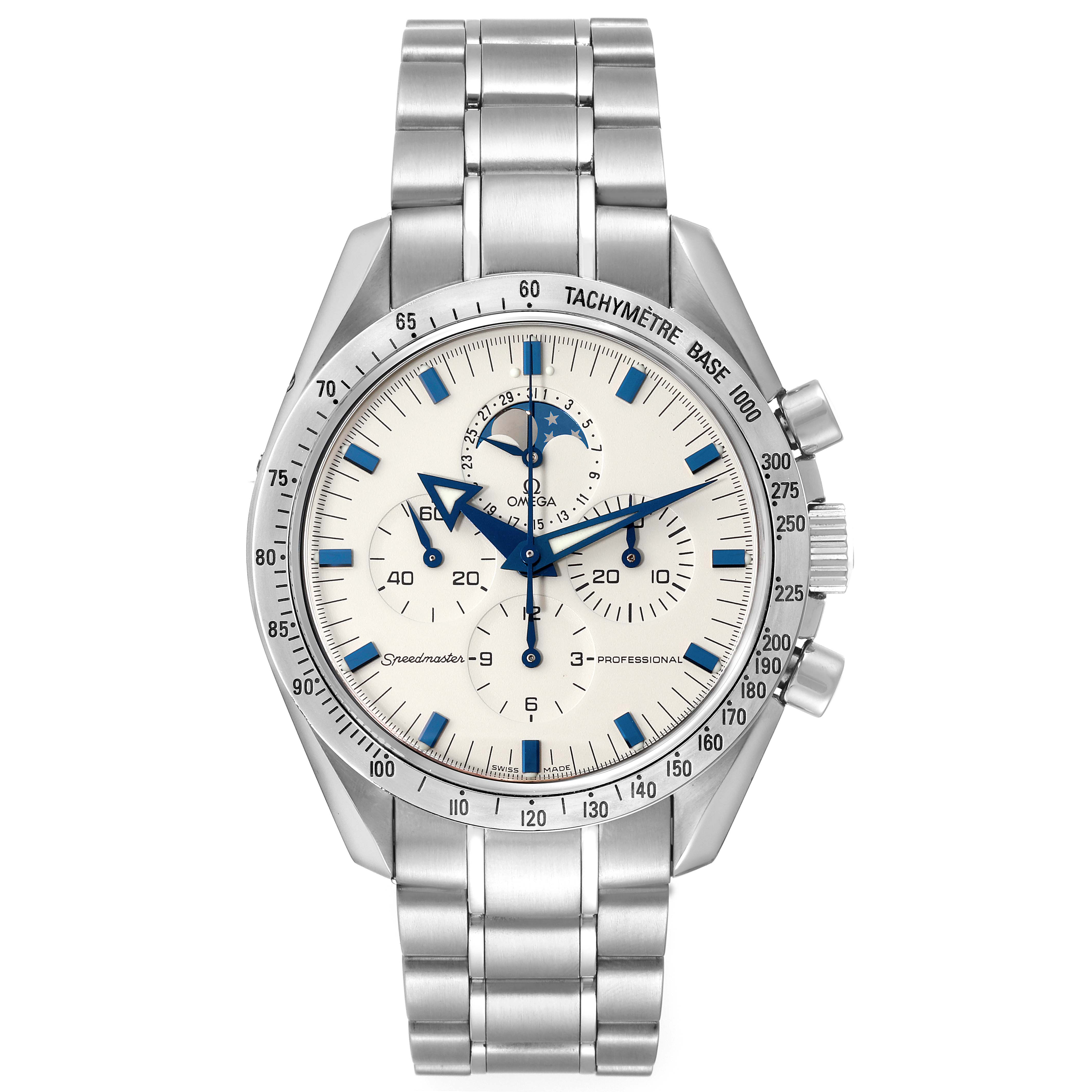 The image shows a front view of an Omega Speedmaster 3575.20.00 Men's Stainless Steel White Dial 3575.20.00 Men's Stainless Steel White Dial watch with a metal bracelet and chronograph features.