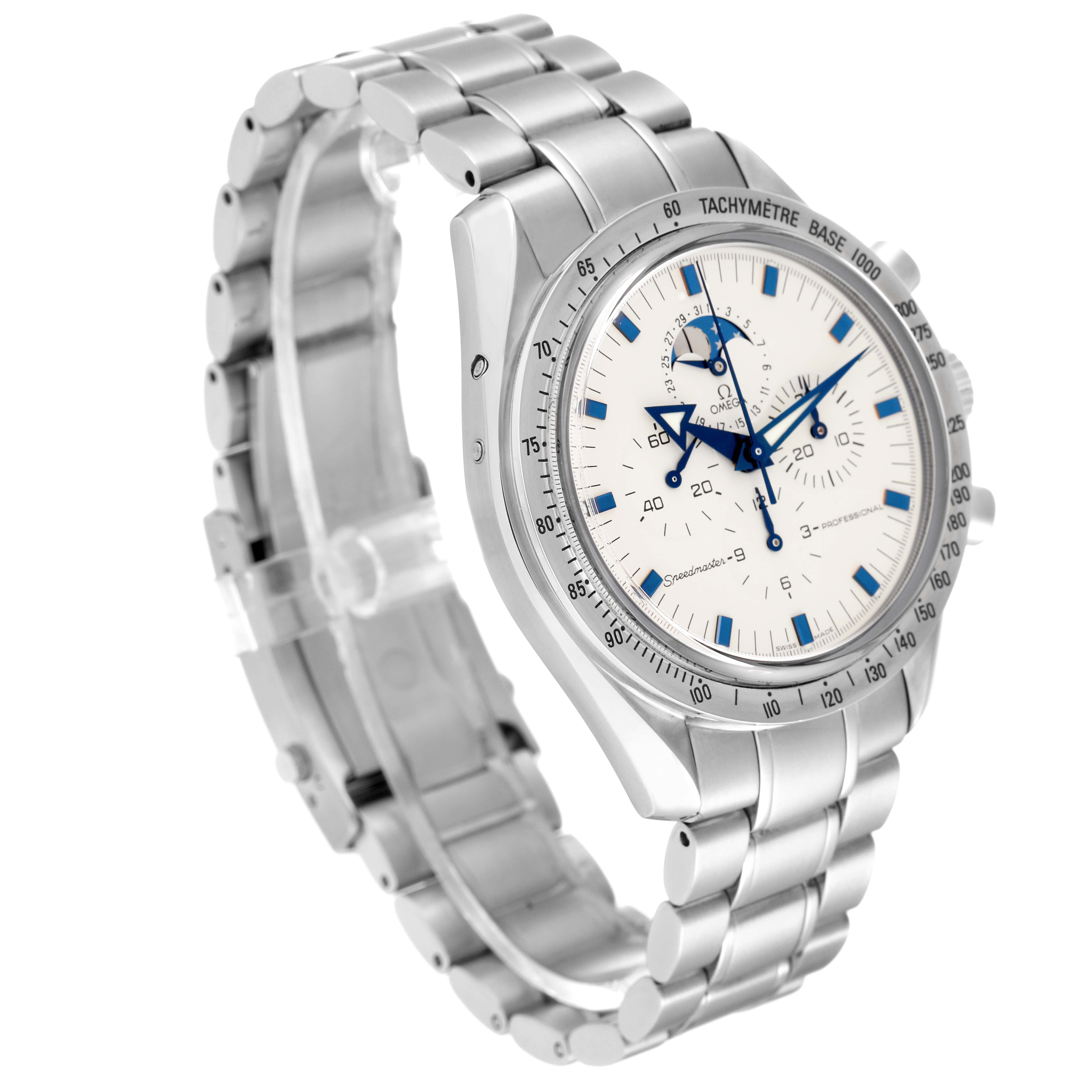 The Omega Speedmaster 3575.20.00 Men's Stainless Steel White Dial 3575.20.00 Men's Stainless Steel White Dial watch is shown at a three-quarter angle, highlighting the face, bezel, and metal bracelet.