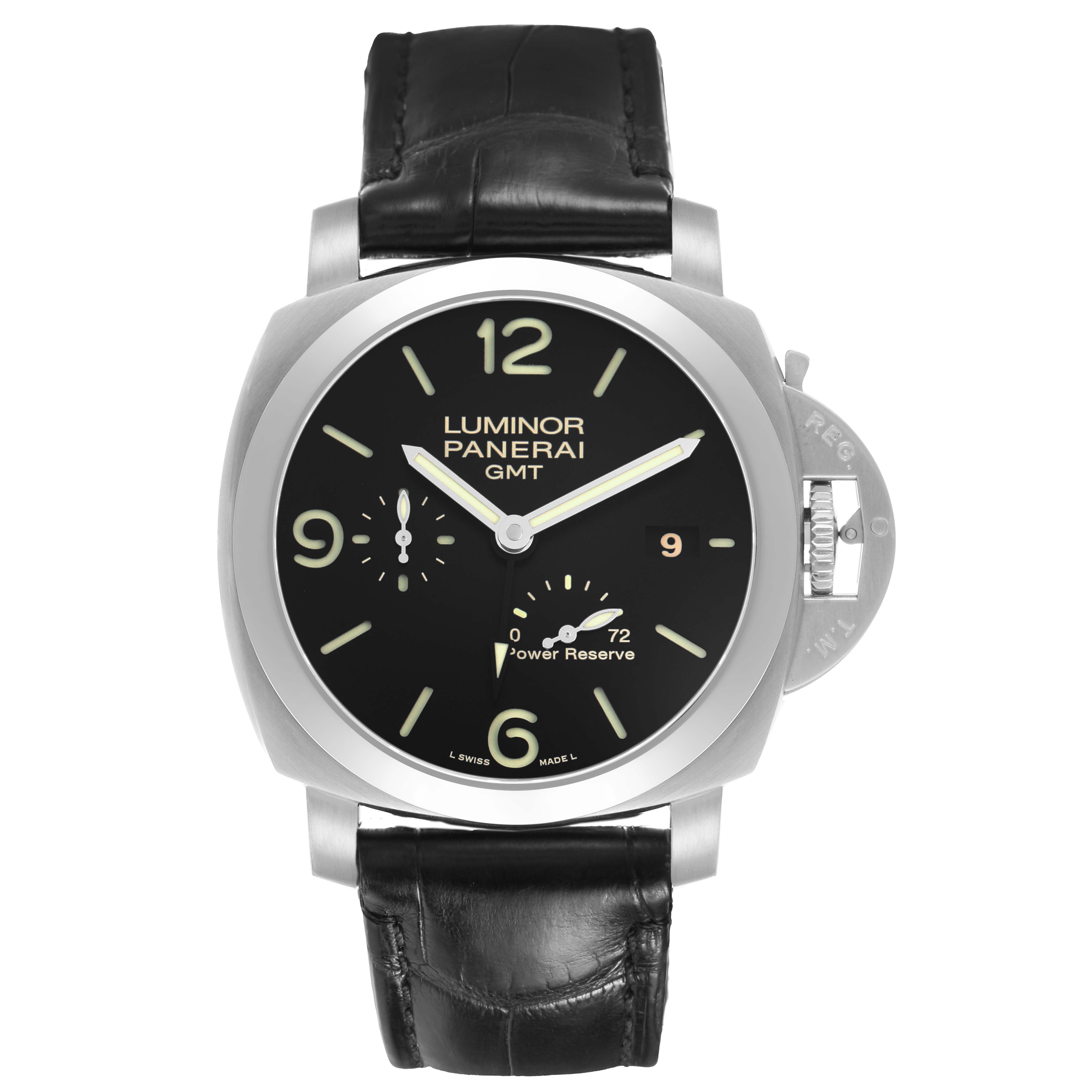 The Panerai Luminor PAM00321 Men's Stainless Steel Black Dial watch is shown from a front view, displaying the face, dial, crown guard, and leather strap.