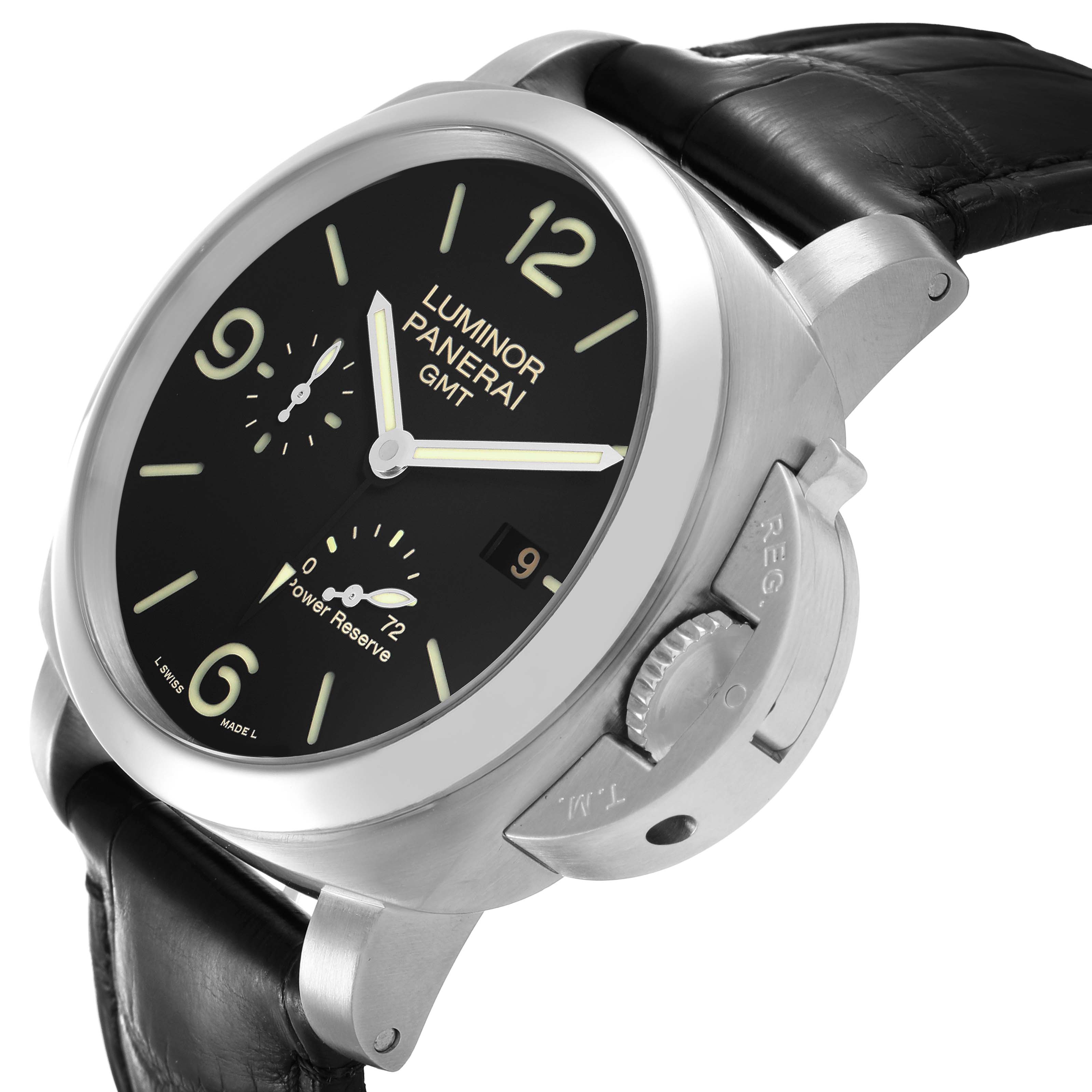 The Panerai Luminor PAM00321 Men's Stainless Steel Black Dial GMT watch is shown from a front angle, displaying the dial, crown guard, and black leather strap.