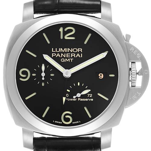 The image shows a front view of a Panerai Luminor PAM00321 Men's Stainless Steel Black Dial watch displaying the dial, hands, crown guard, and power reserve indicator.