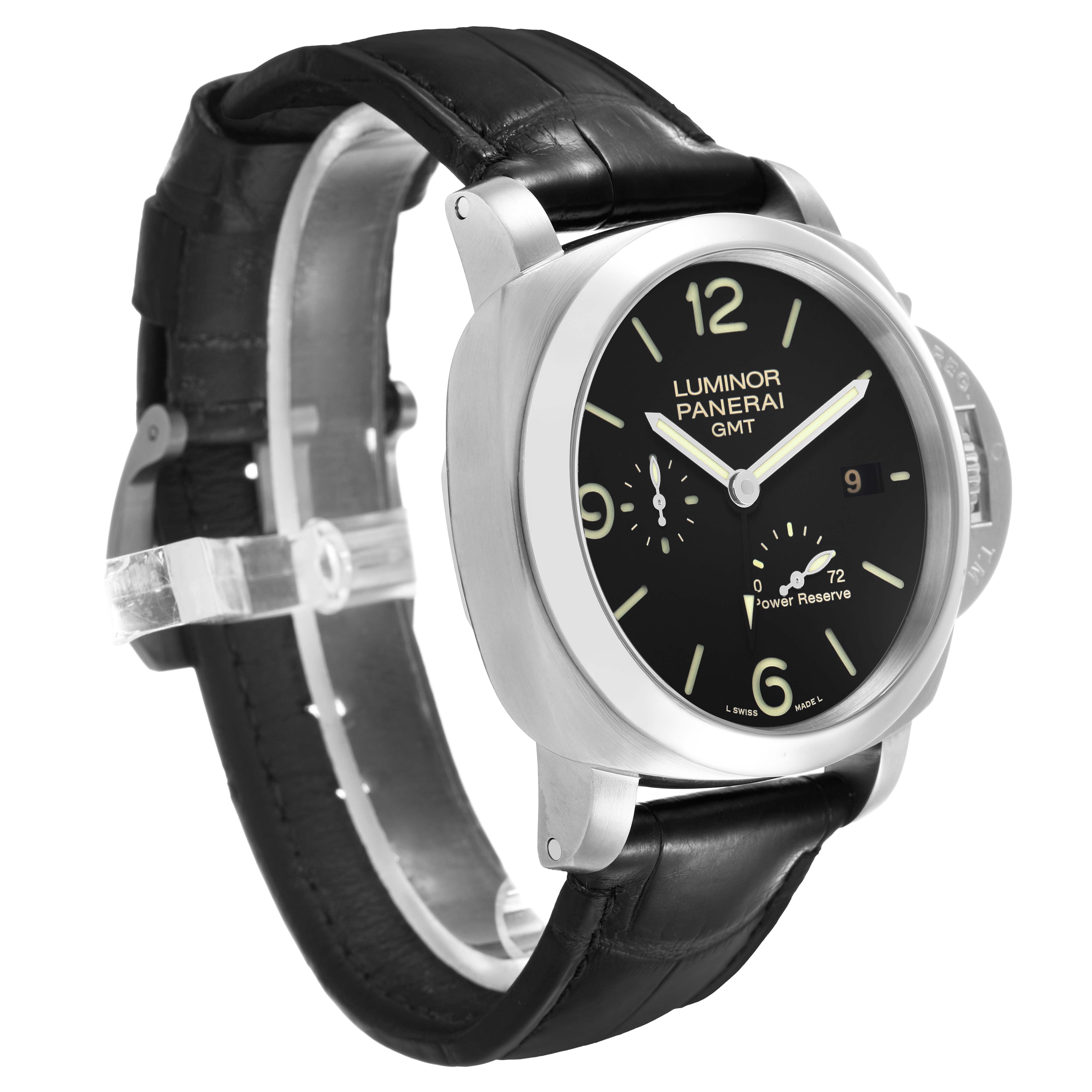 The Panerai Luminor PAM00321 Men's Stainless Steel Black Dial watch is shown at a three-quarter angle displaying the face, crown, and leather strap.