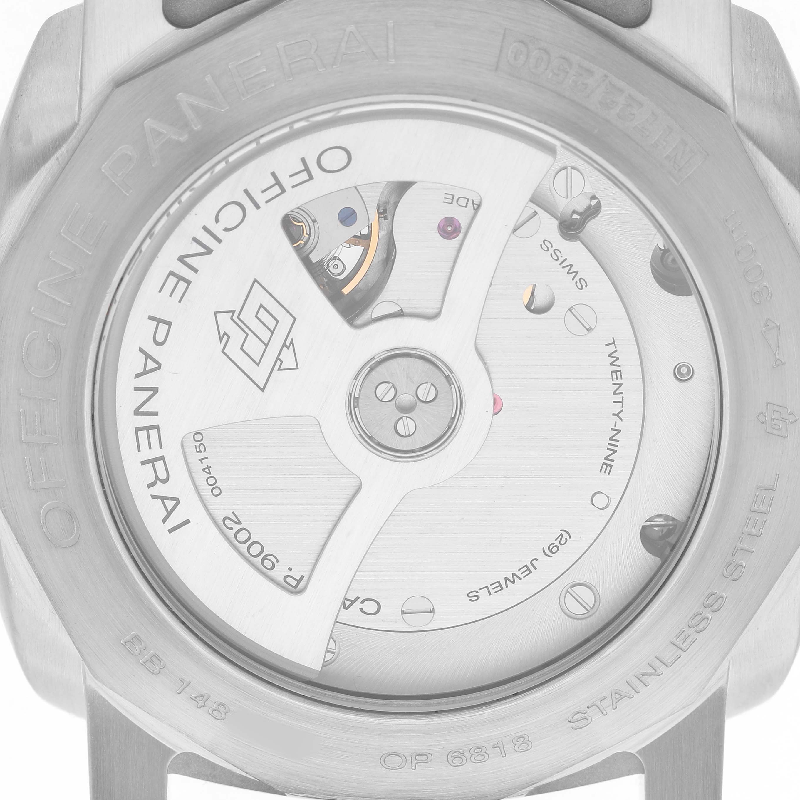 The image shows the case back of a Panerai Luminor PAM00321 Men's Stainless Steel Black Dial watch, revealing the movement and internal components.