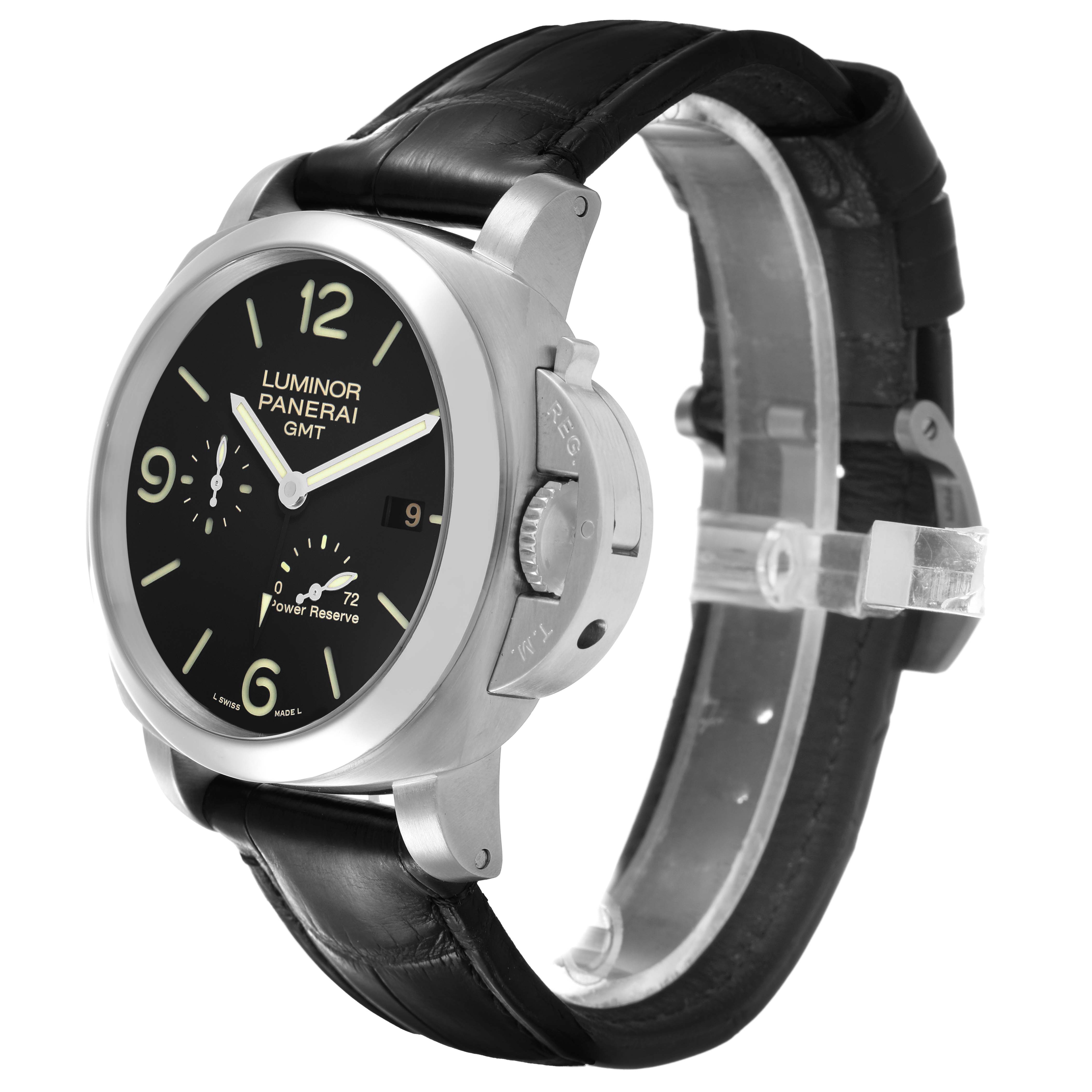 The Panerai Luminor PAM00321 Men's Stainless Steel Black Dial watch is shown at an angled side view, highlighting the dial, crown guard, and leather strap.