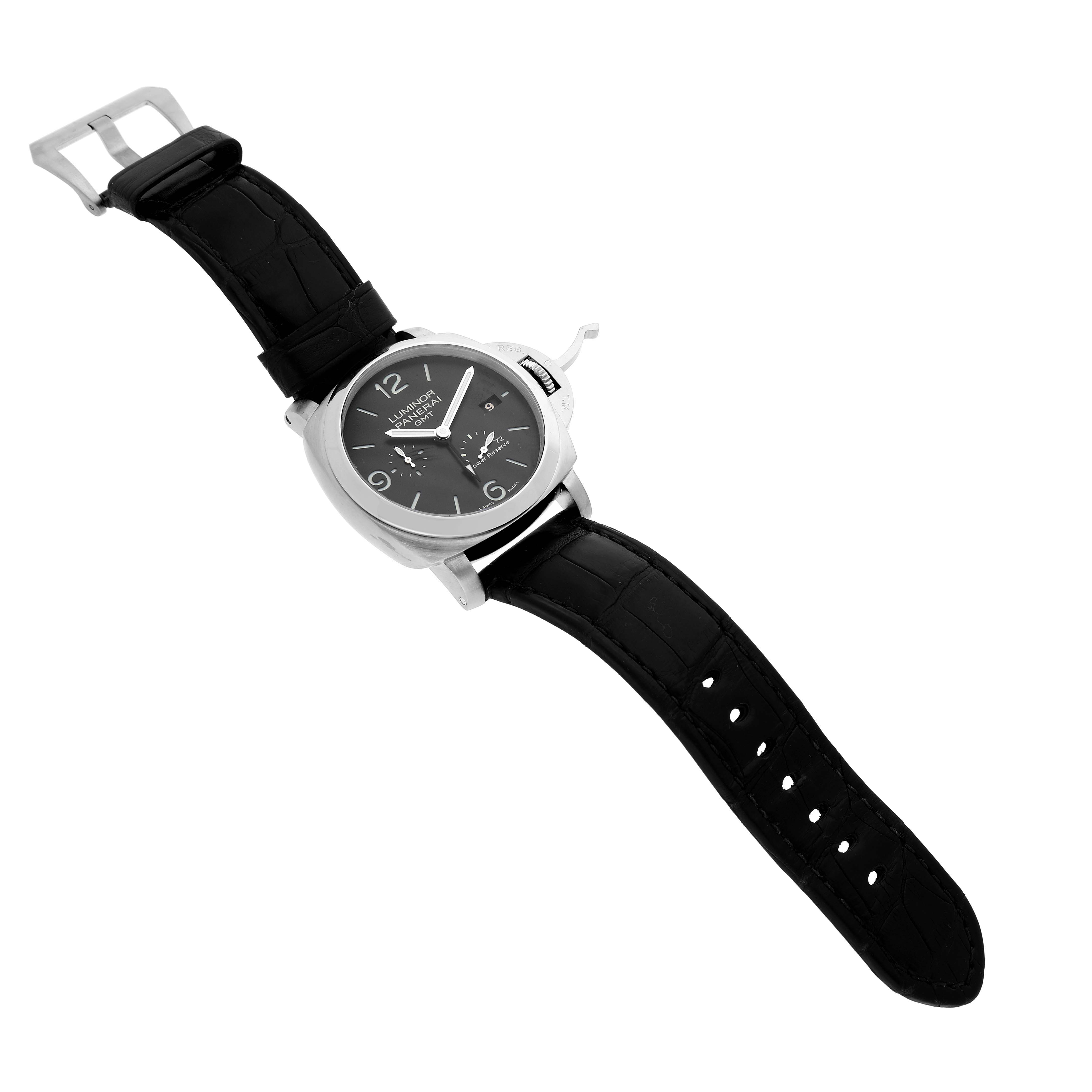 The Panerai Luminor PAM00321 Men's Stainless Steel Black Dial watch is displayed at a slight angle, showing the face, crown guard, and black leather strap.