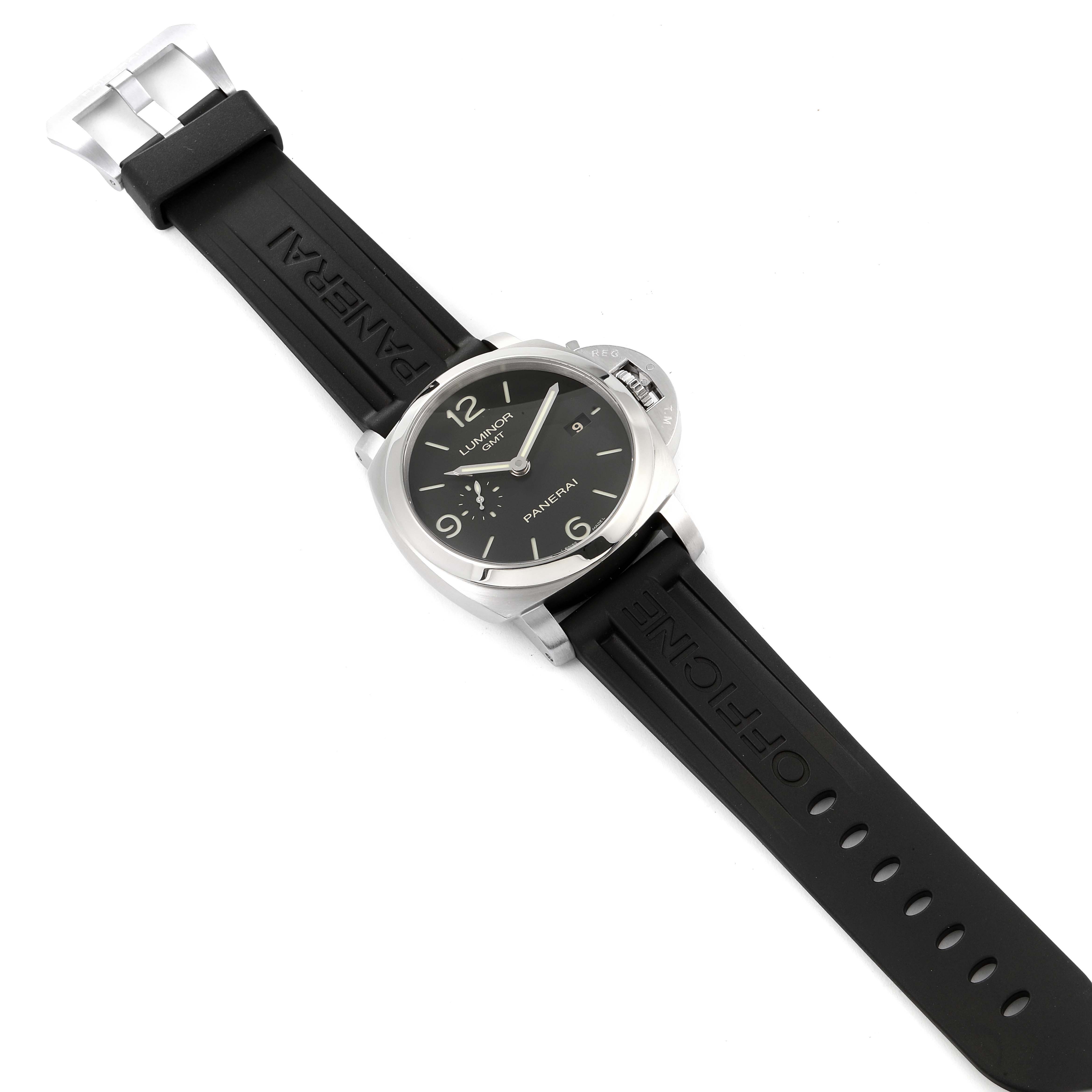 The image shows a Panerai Luminor PAM00320 Men
s Stainless Steel Black Dial PAM00320 Men
s Stainless Steel Black Dial watch at a slight angle, displaying its face, strap, and buckle.
