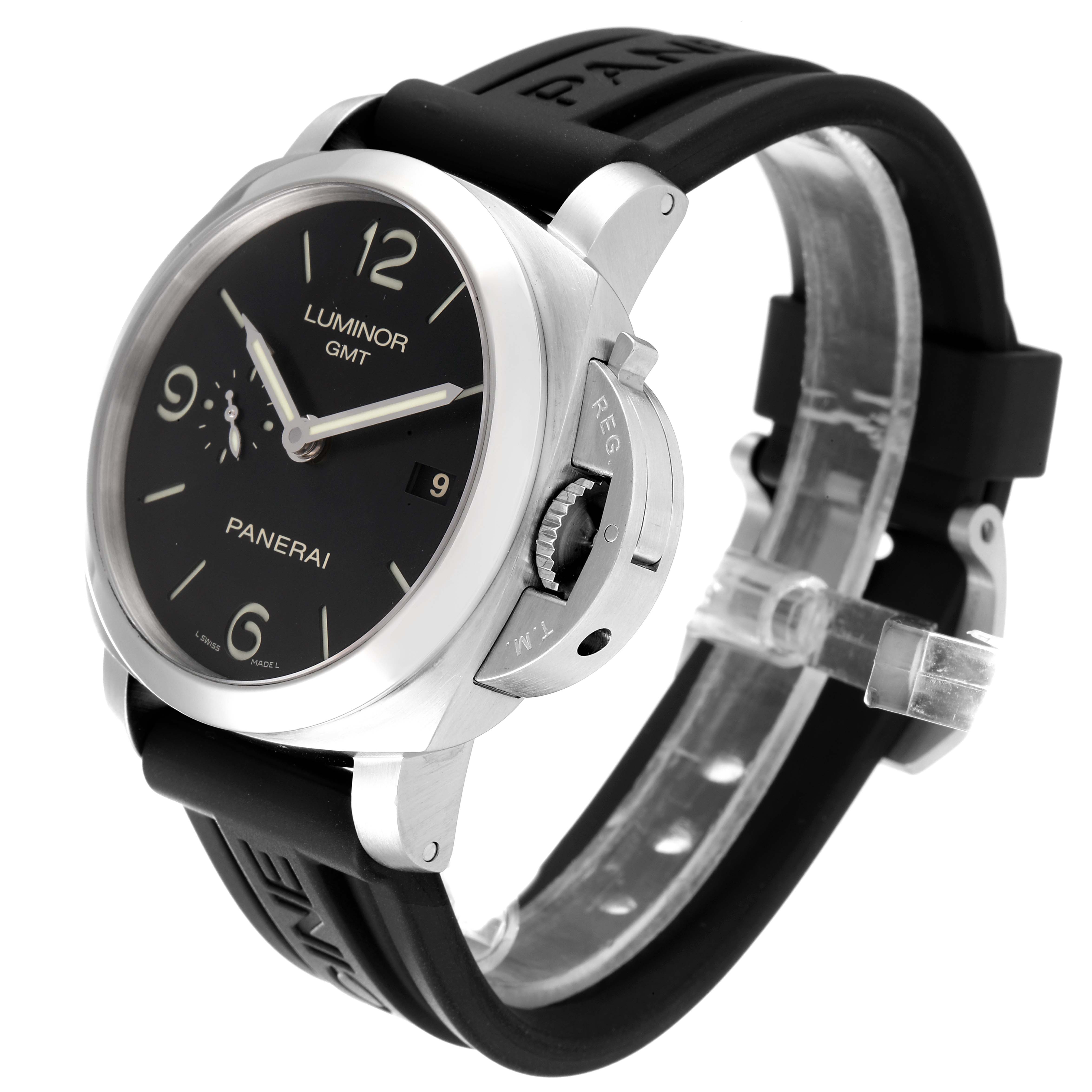The Panerai Luminor PAM00320 Men
s Stainless Steel Black Dial PAM00320 Men
s Stainless Steel Black Dial watch is shown at a three-quarter angle highlighting the face, crown guard, and rubber strap.