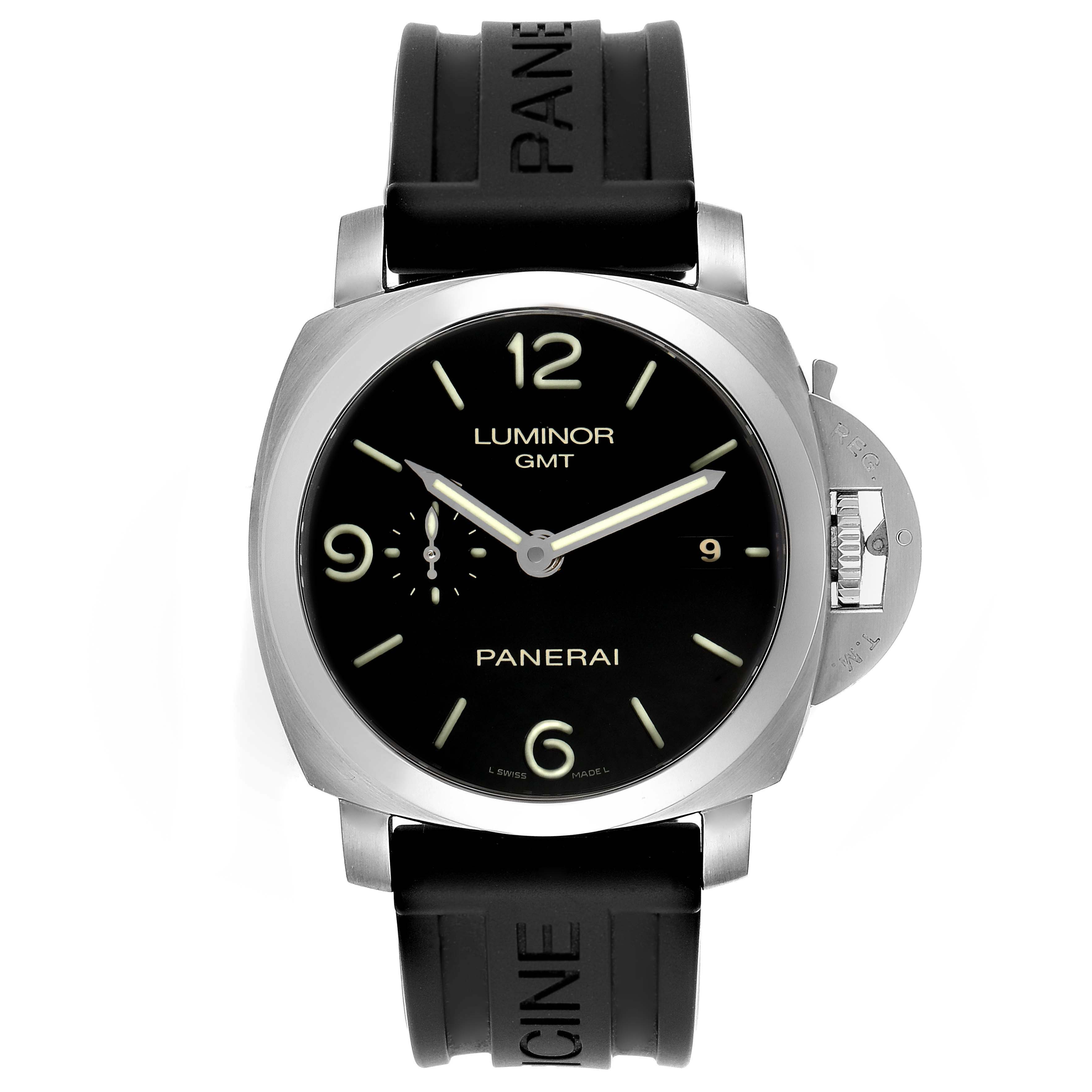 The image shows a front view of a Panerai Luminor PAM00320 Men
s Stainless Steel Black Dial PAM00320 Men
s Stainless Steel Black Dial GMT watch, highlighting its black dial, luminescent hands, and black rubber strap.