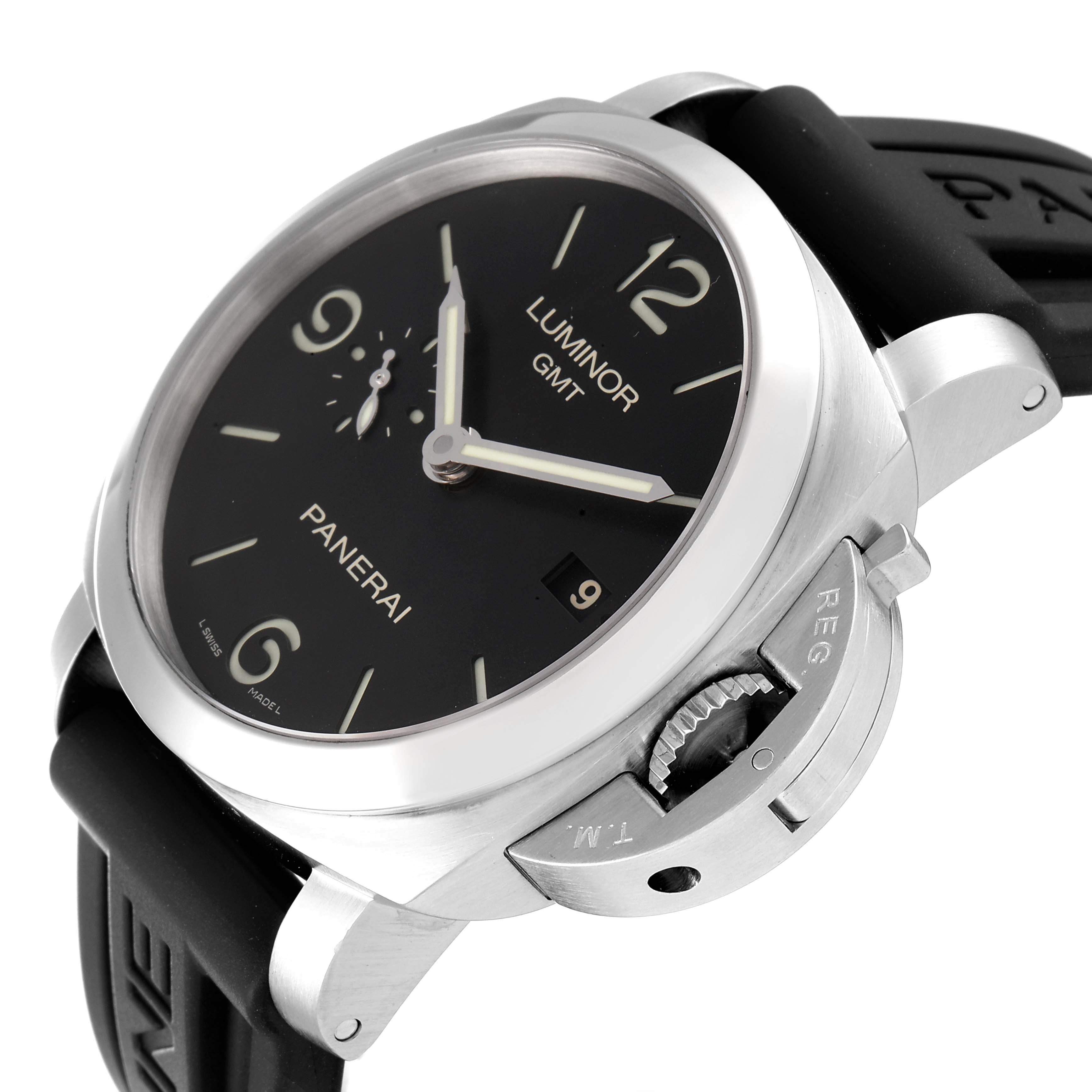 This image shows a Panerai Luminor PAM00320 Men
s Stainless Steel Black Dial PAM00320 Men
s Stainless Steel Black Dial GMT watch from a three-quarter angle, highlighting the dial, case, and crown guard.
