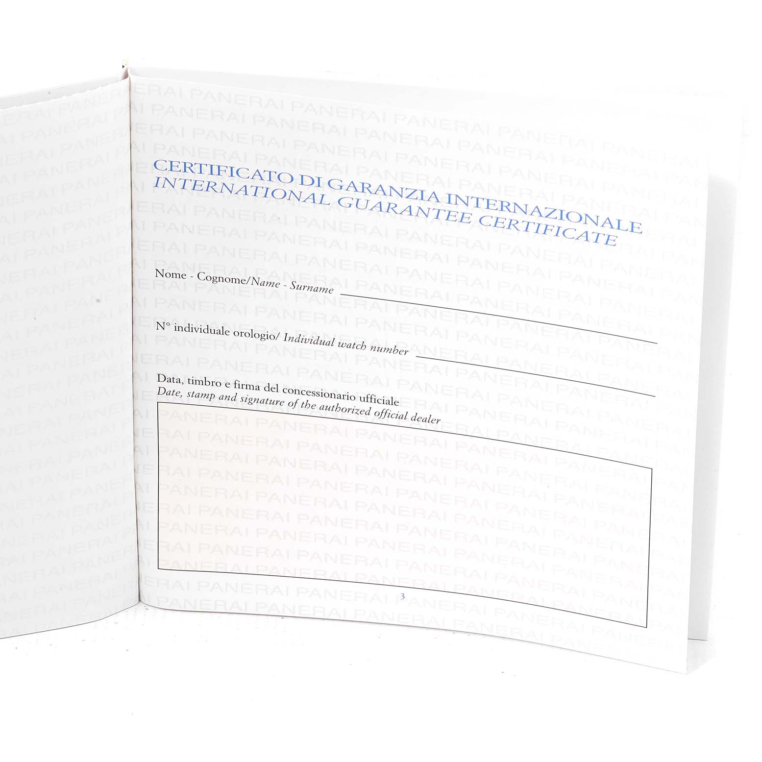 The image shows the international guarantee certificate for the Panerai Luminor PAM00320 Men
s Stainless Steel Black Dial PAM00320 Men
s Stainless Steel Black Dial watch model.