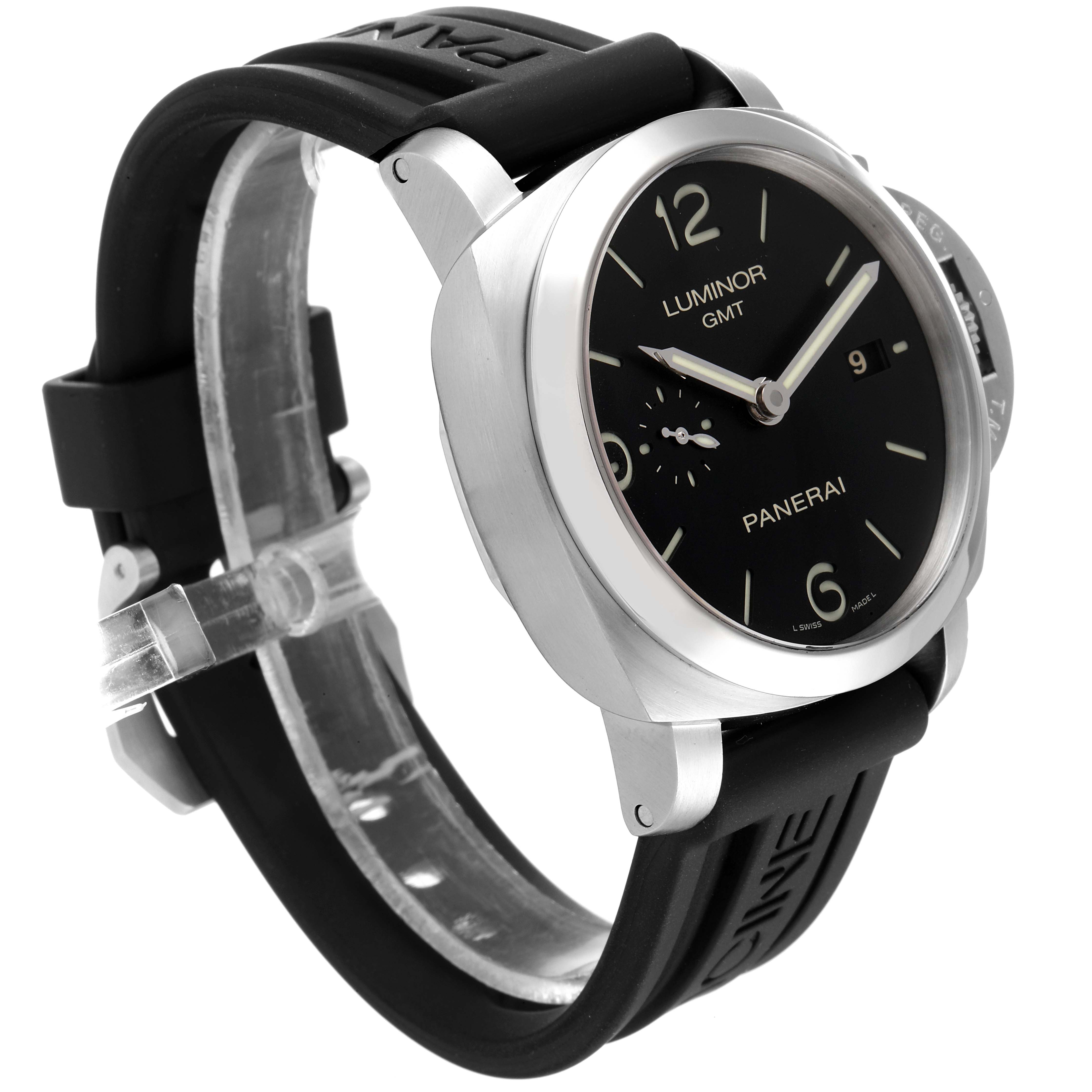 The image shows a Panerai Luminor PAM00320 Men
s Stainless Steel Black Dial PAM00320 Men
s Stainless Steel Black Dial GMT watch from a front-right angle, highlighting the watch face, crown, and rubber strap.