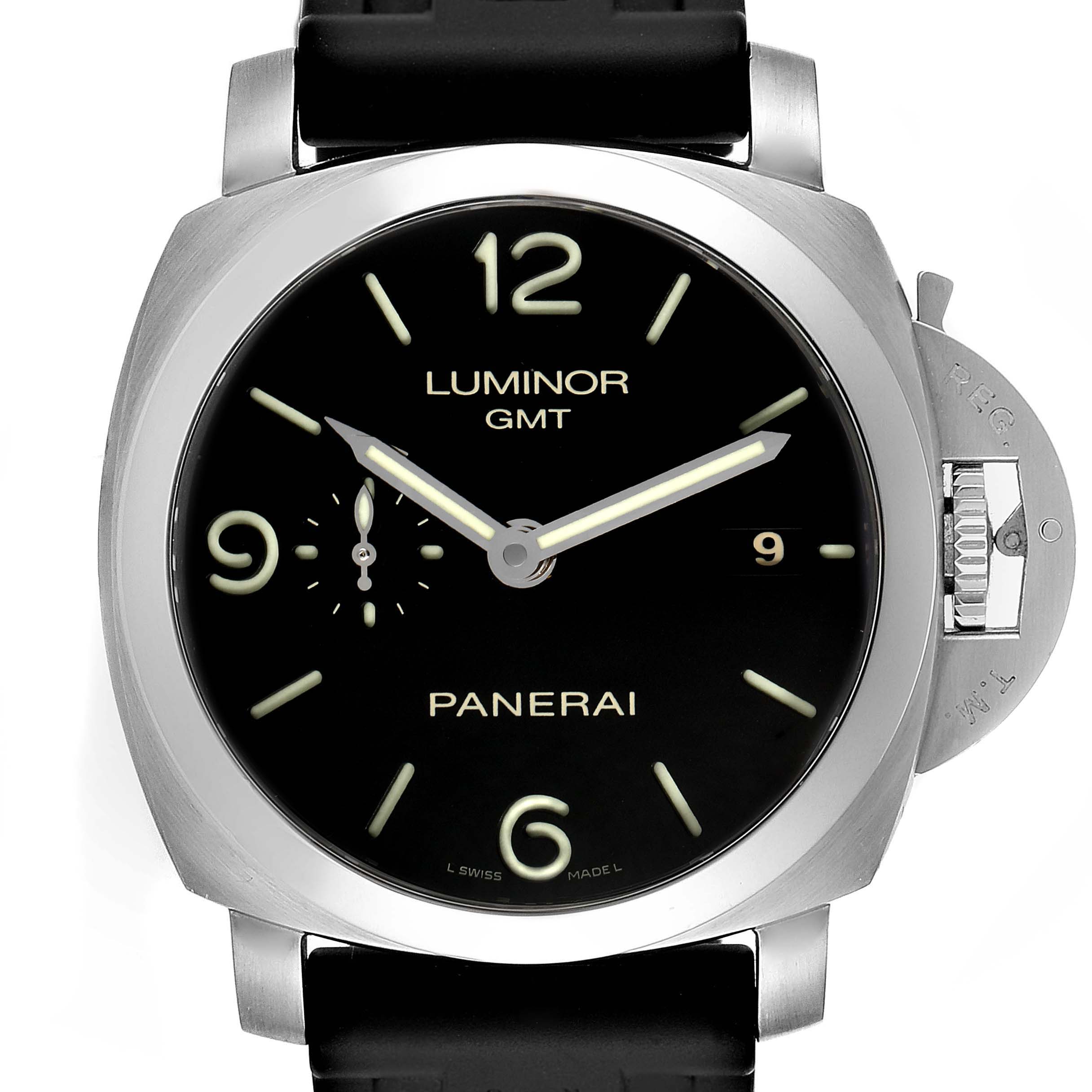 This Panerai Luminor PAM00320 Men
s Stainless Steel Black Dial PAM00320 Men
s Stainless Steel Black Dial model watch is shown from the front, highlighting its black dial, silver casing, and crown guard.