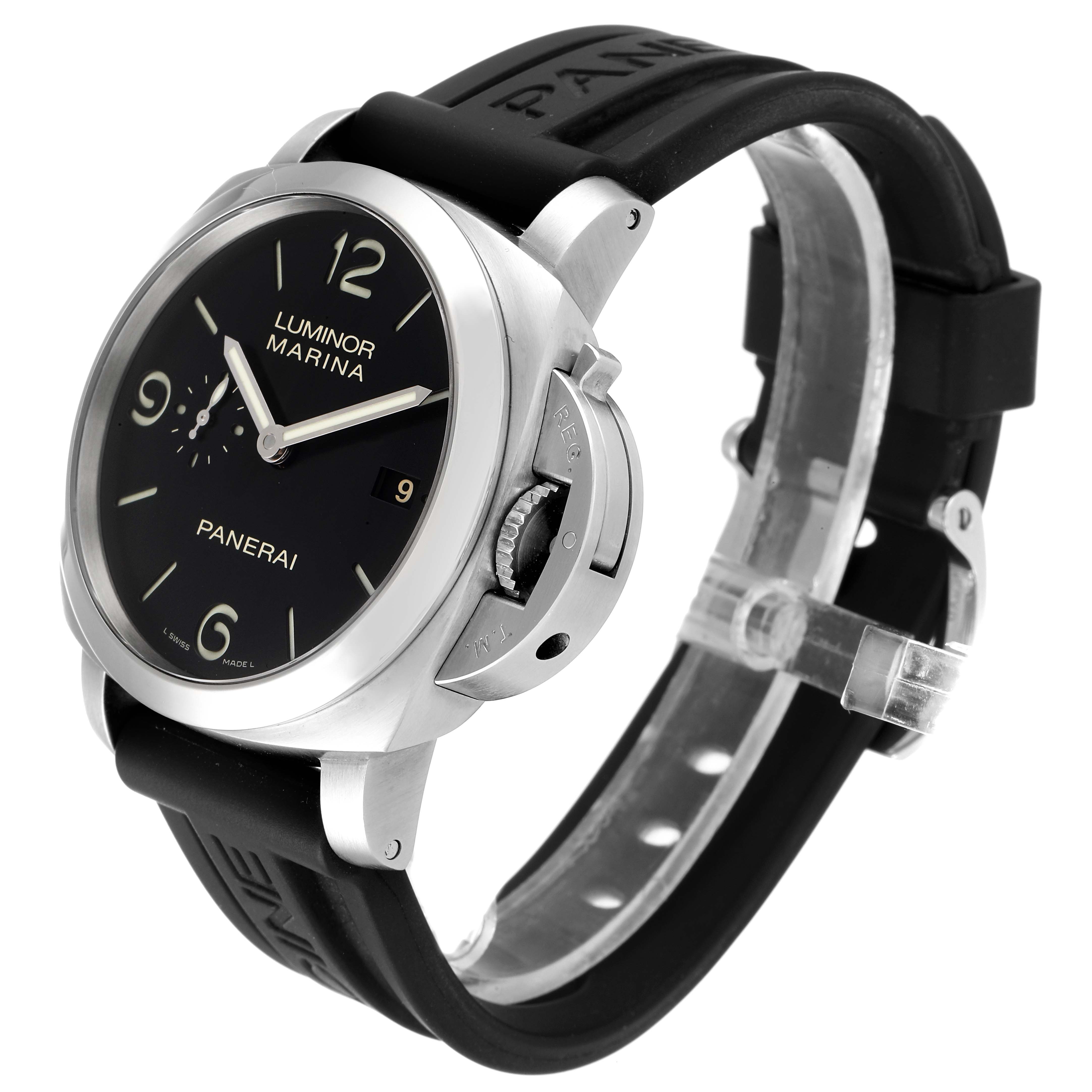 The image shows a side angle of the Panerai Luminor PAM00312 Men
s Stainless Steel Black Dial PAM00312 Men
s Stainless Steel Black Dial watch, highlighting its dial, crown guard, and black strap.
