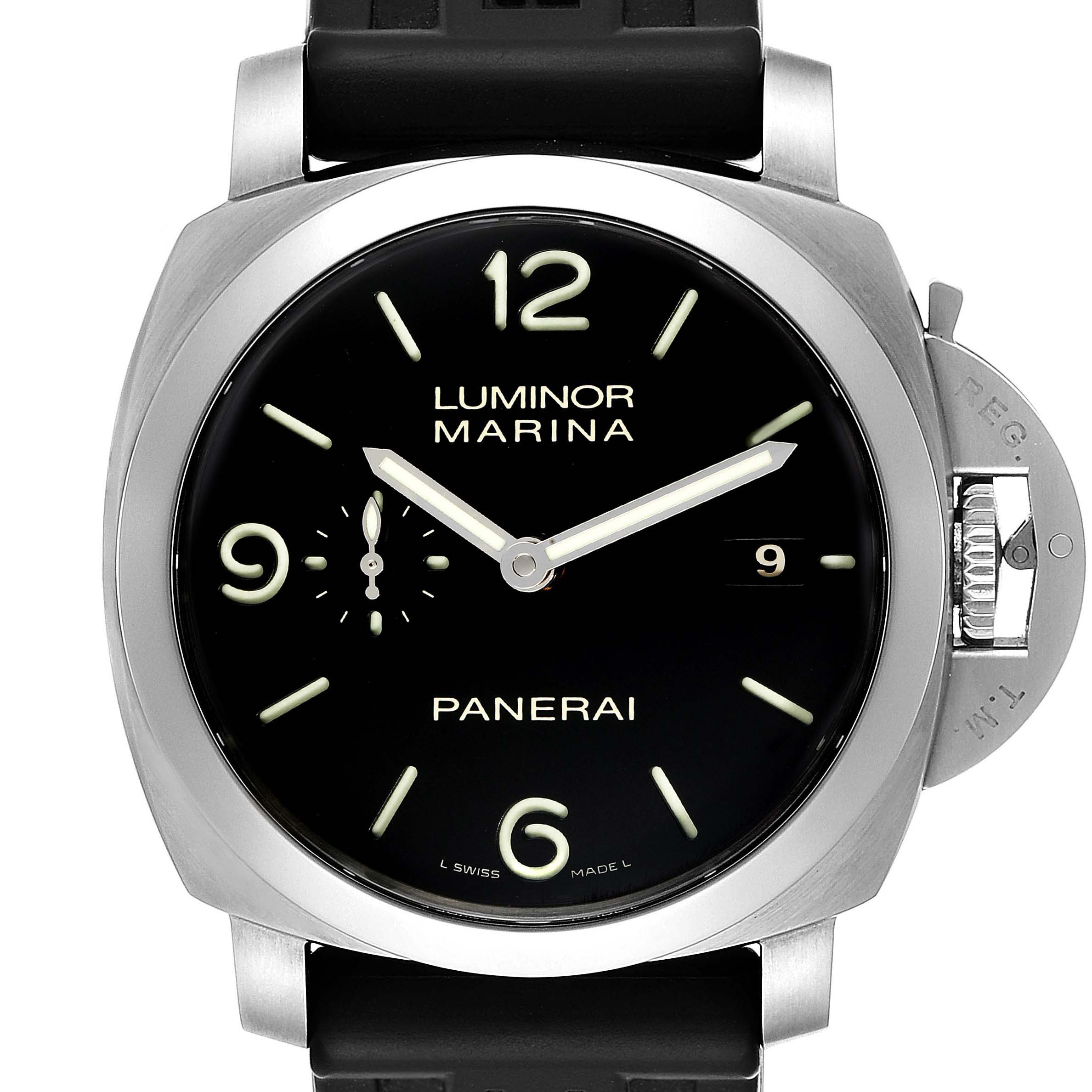 This image shows a front view of the Panerai Luminor PAM00312 Men
s Stainless Steel Black Dial PAM00312 Men
s Stainless Steel Black Dial Marina watch, highlighting the dial, case, and crown guard.