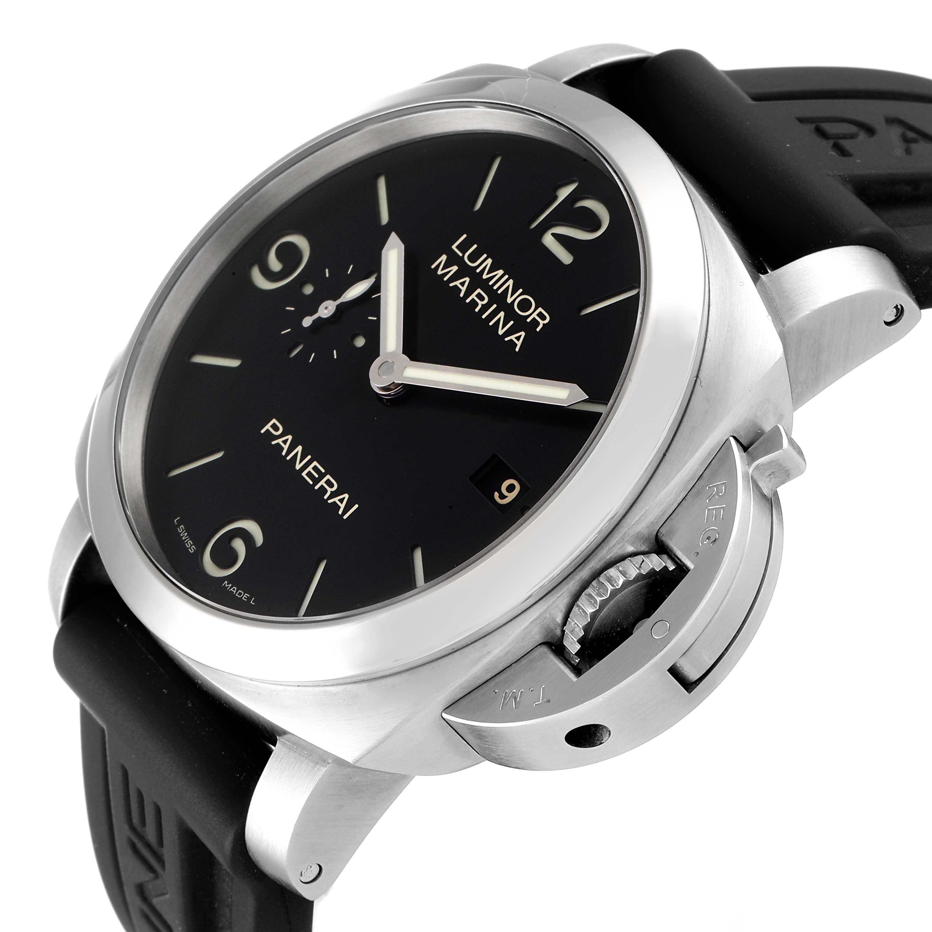 This image features a Panerai Luminor PAM00312 Men
s Stainless Steel Black Dial PAM00312 Men
s Stainless Steel Black Dial watch, showing a three-quarter angle highlighting the dial, crown guard, and strap.