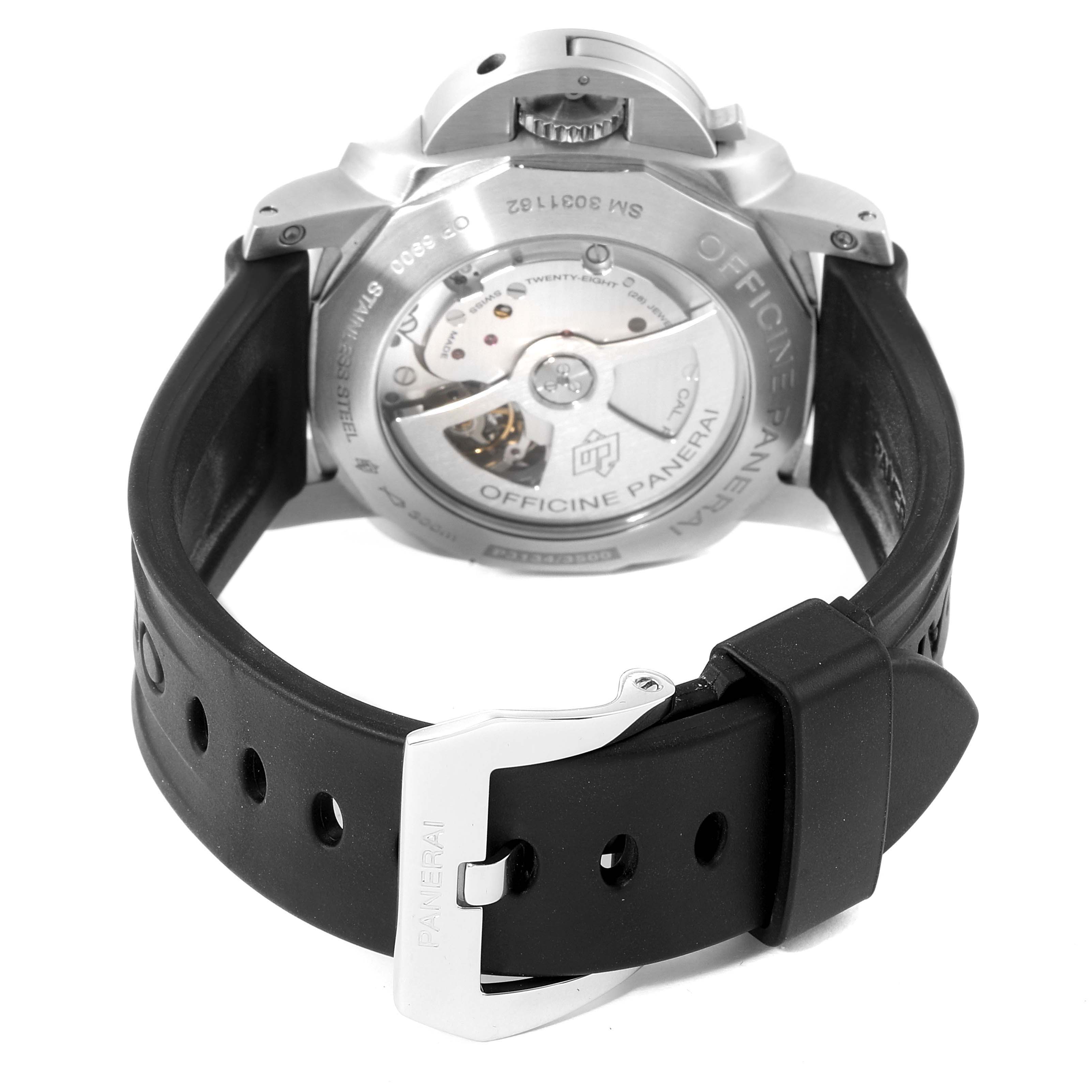 The image shows the back view of the Panerai Luminor PAM00312 Men
s Stainless Steel Black Dial PAM00312 Men
s Stainless Steel Black Dial watch, highlighting the case back, movement, and rubber strap with buckle.