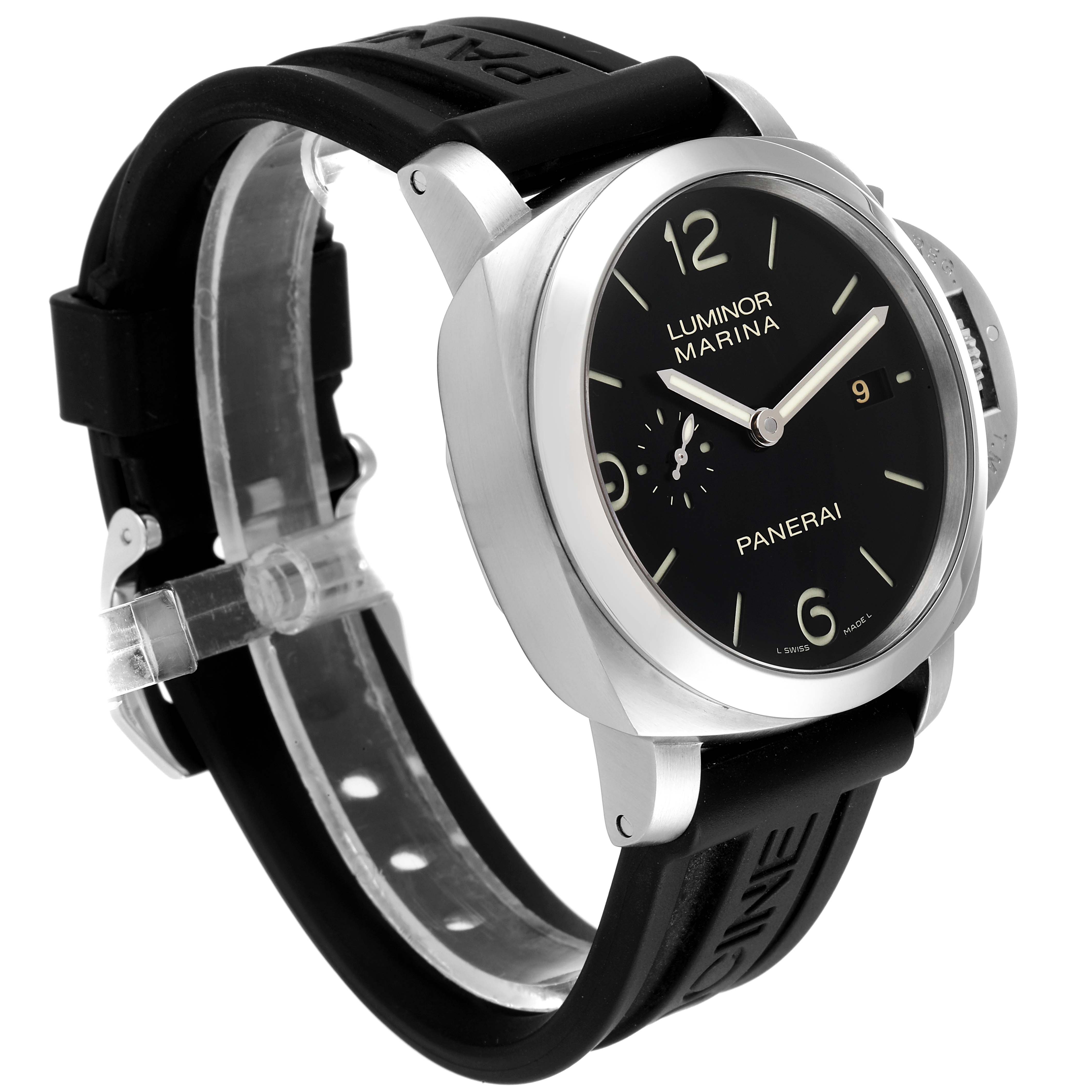 The image shows a Panerai Luminor PAM00312 Men
s Stainless Steel Black Dial PAM00312 Men
s Stainless Steel Black Dial model watch from a front-side angle, highlighting its black dial, silver casing, and black strap.