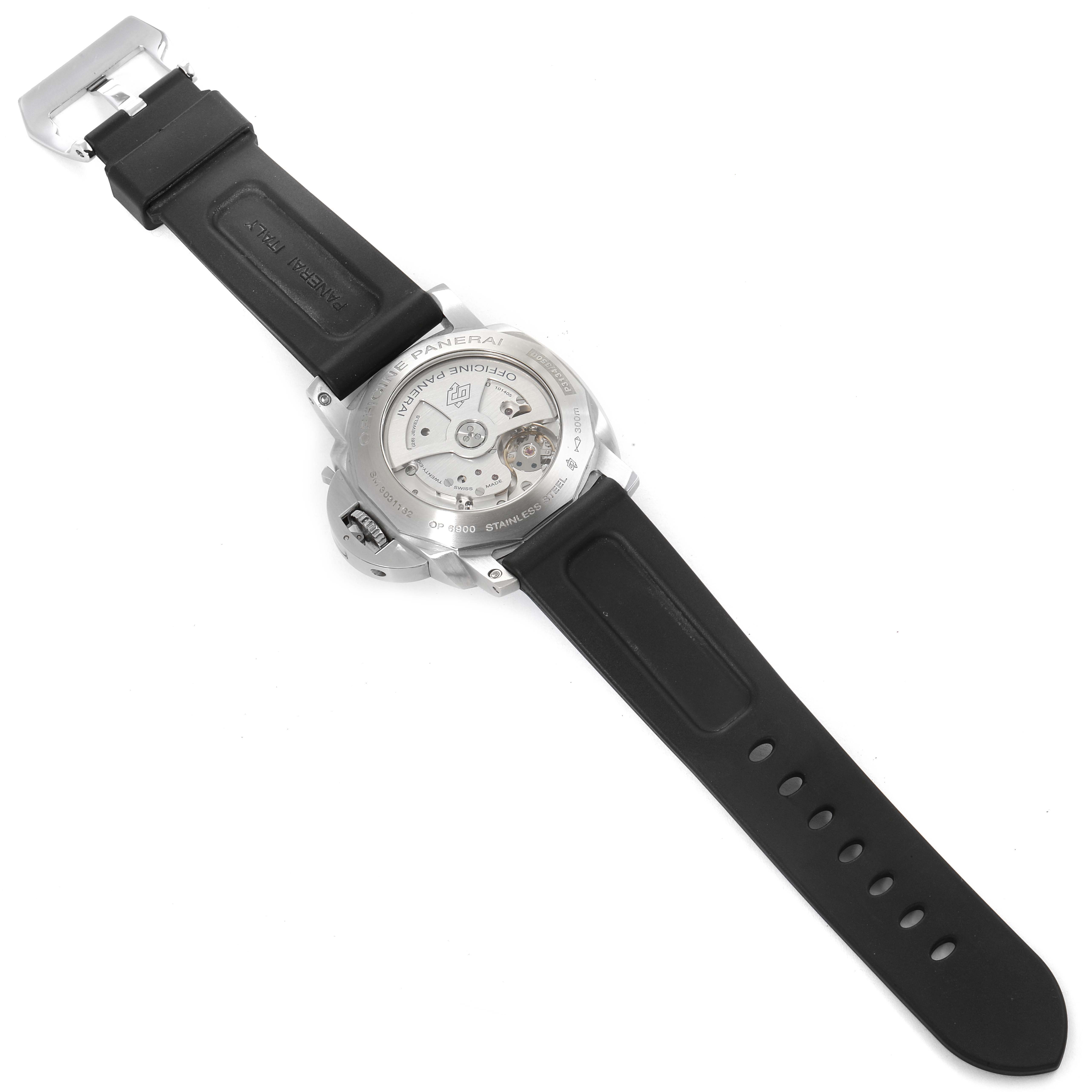 The image shows the back view of a Panerai Luminor PAM00312 Men
s Stainless Steel Black Dial PAM00312 Men
s Stainless Steel Black Dial watch, displaying its open case back and black strap.