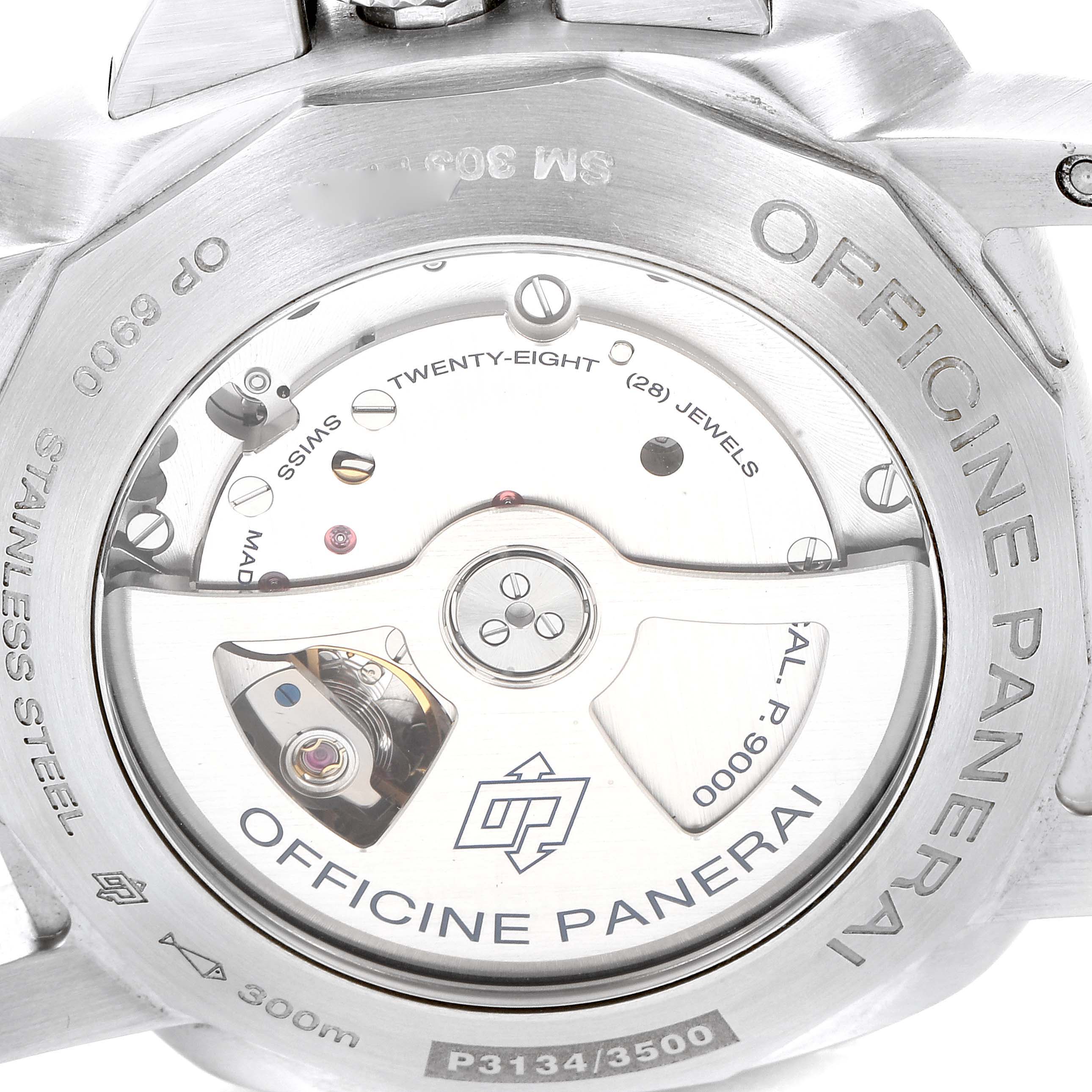 This image shows the back of a Panerai Luminor PAM00312 Men
s Stainless Steel Black Dial PAM00312 Men
s Stainless Steel Black Dial watch, highlighting its inner movement mechanisms and engravings.