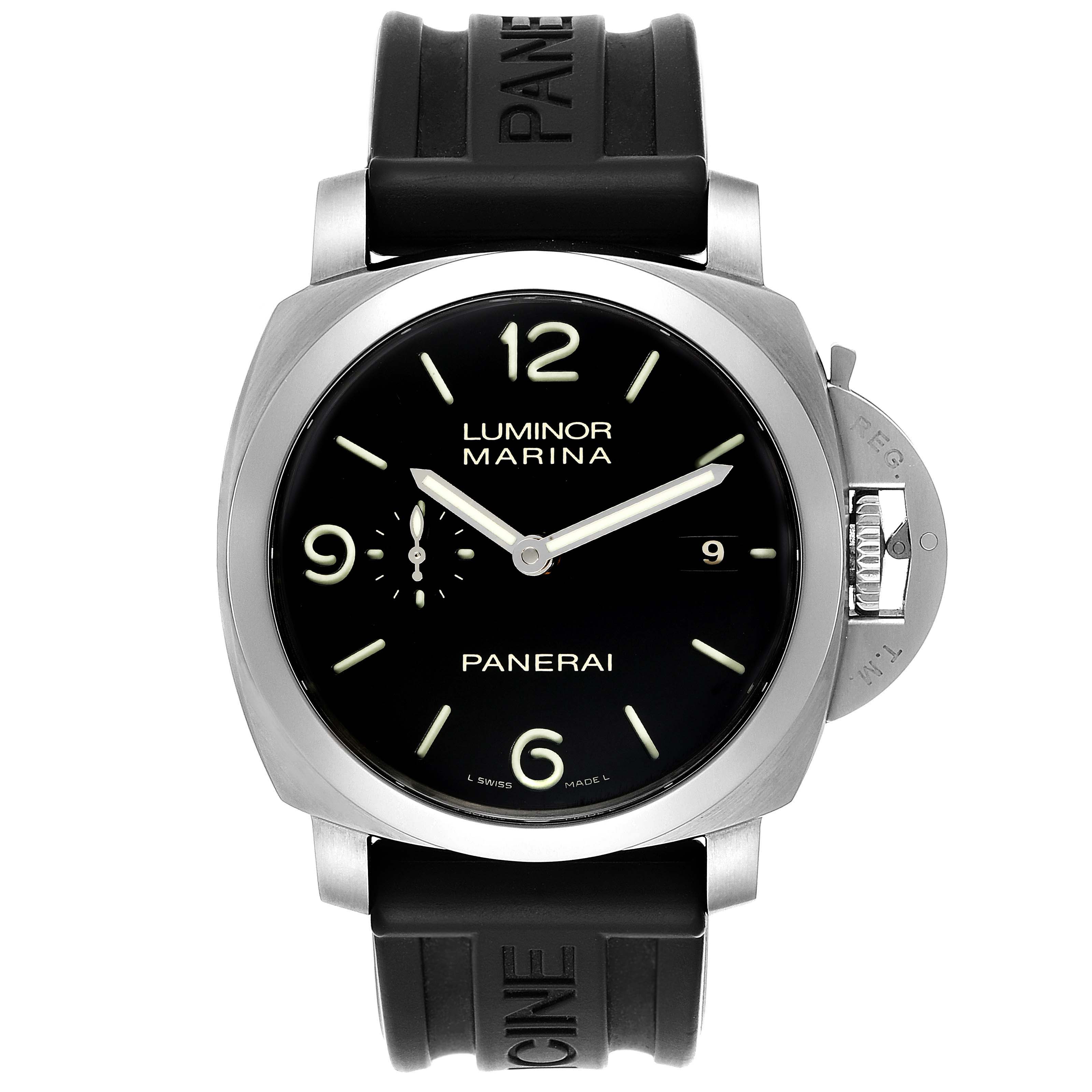 This image shows a front view of a Panerai Luminor PAM00312 Men
s Stainless Steel Black Dial PAM00312 Men
s Stainless Steel Black Dial watch, displaying its black dial, rubber strap, and crown guard.