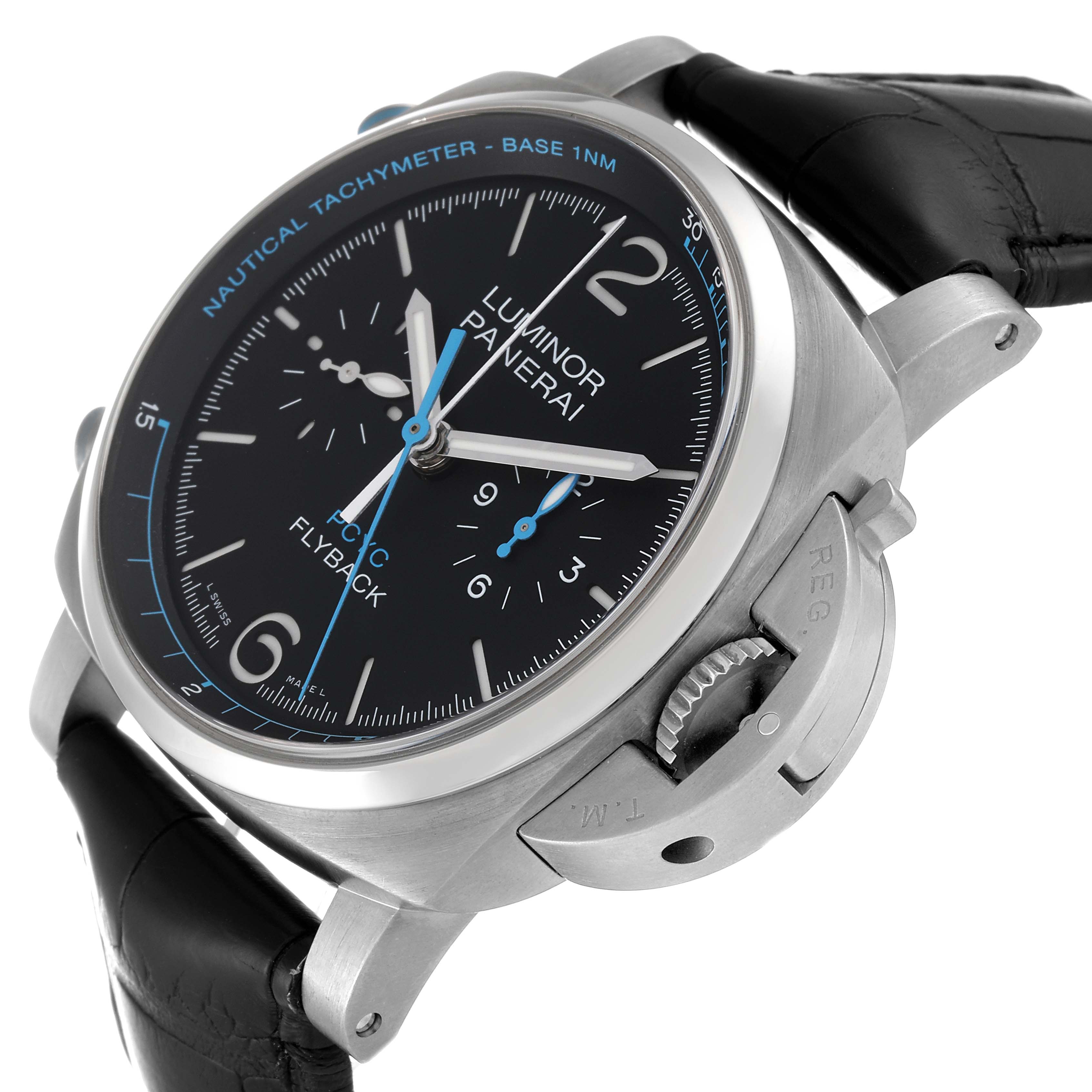 The image shows a close-up side angle of a black Panerai Luminor PAM00764 Men's Titanium Black Dial PAM00764 Men's Titanium Black Dial watch, highlighting the dial and crown guard.