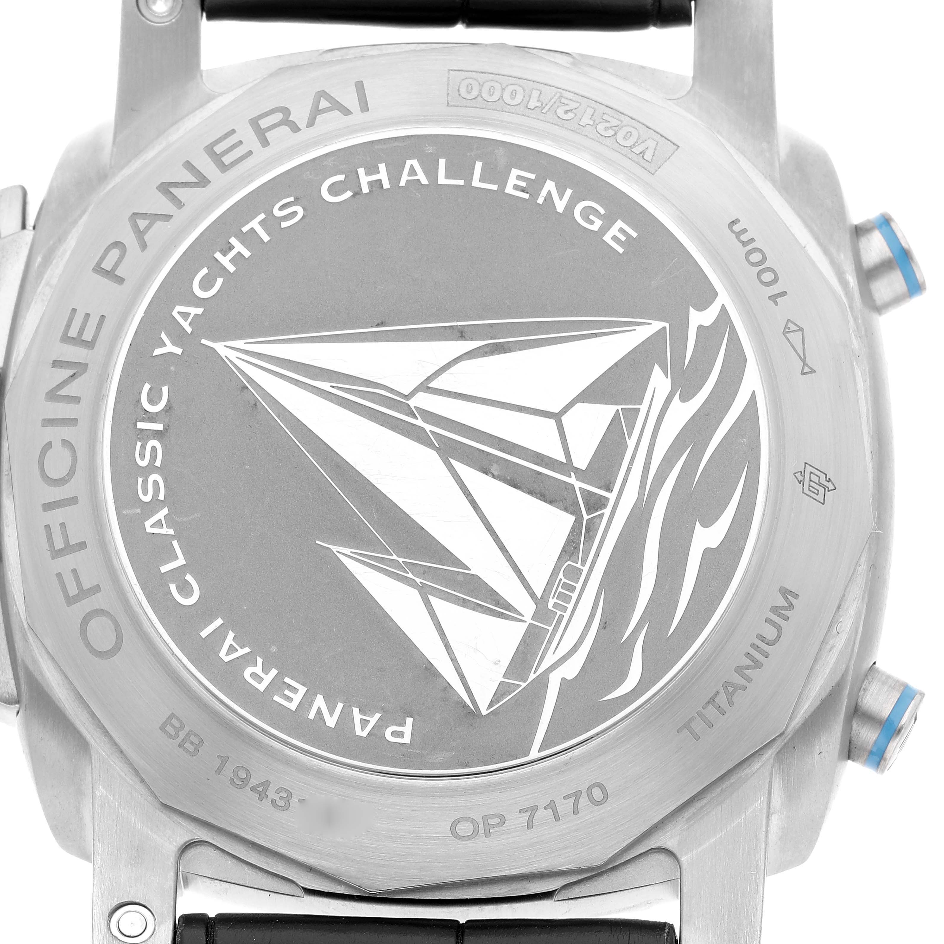 The image shows the back case of a Panerai Luminor PAM00764 Men's Titanium Black Dial PAM00764 Men's Titanium Black Dial watch, featuring an engraving for the Classic Yachts Challenge.