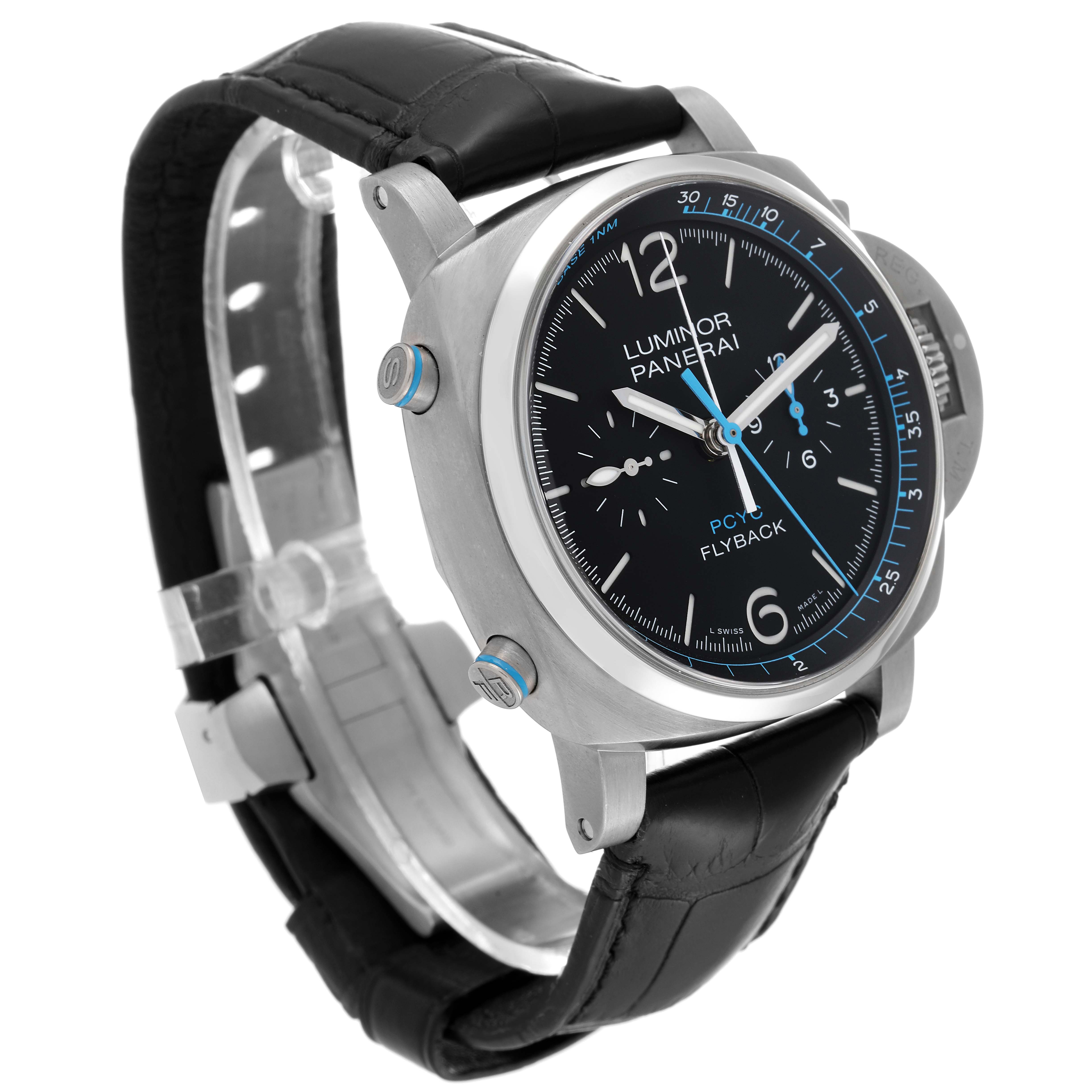 The image shows a Panerai Luminor PAM00764 Men's Titanium Black Dial PAM00764 Men's Titanium Black Dial watch at a three-quarter angle, displaying the dial, case, crown guard, and leather strap.