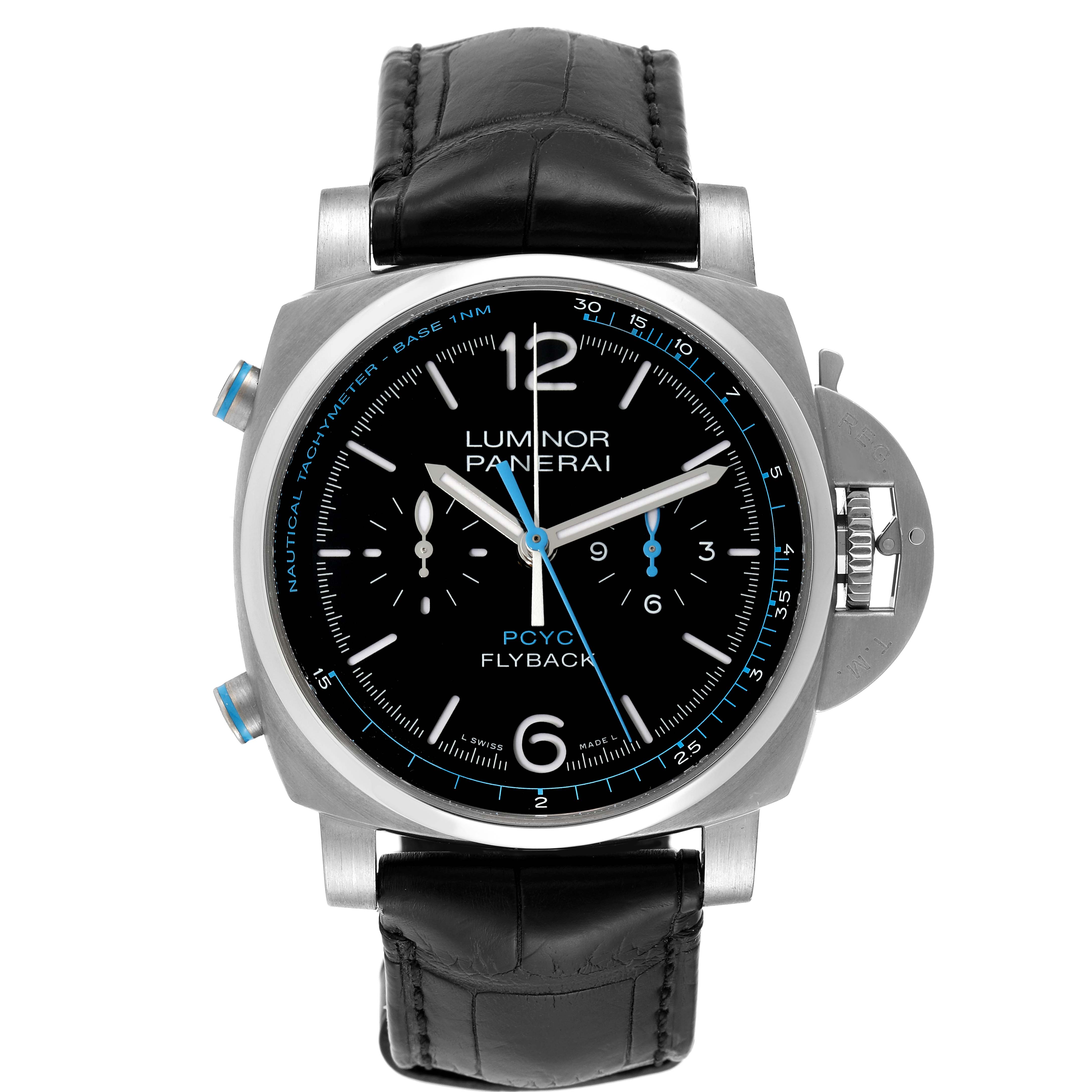 The image shows a front angle of a Panerai Luminor PAM00764 Men's Titanium Black Dial PAM00764 Men's Titanium Black Dial PCYC Flyback watch with a black leather strap.