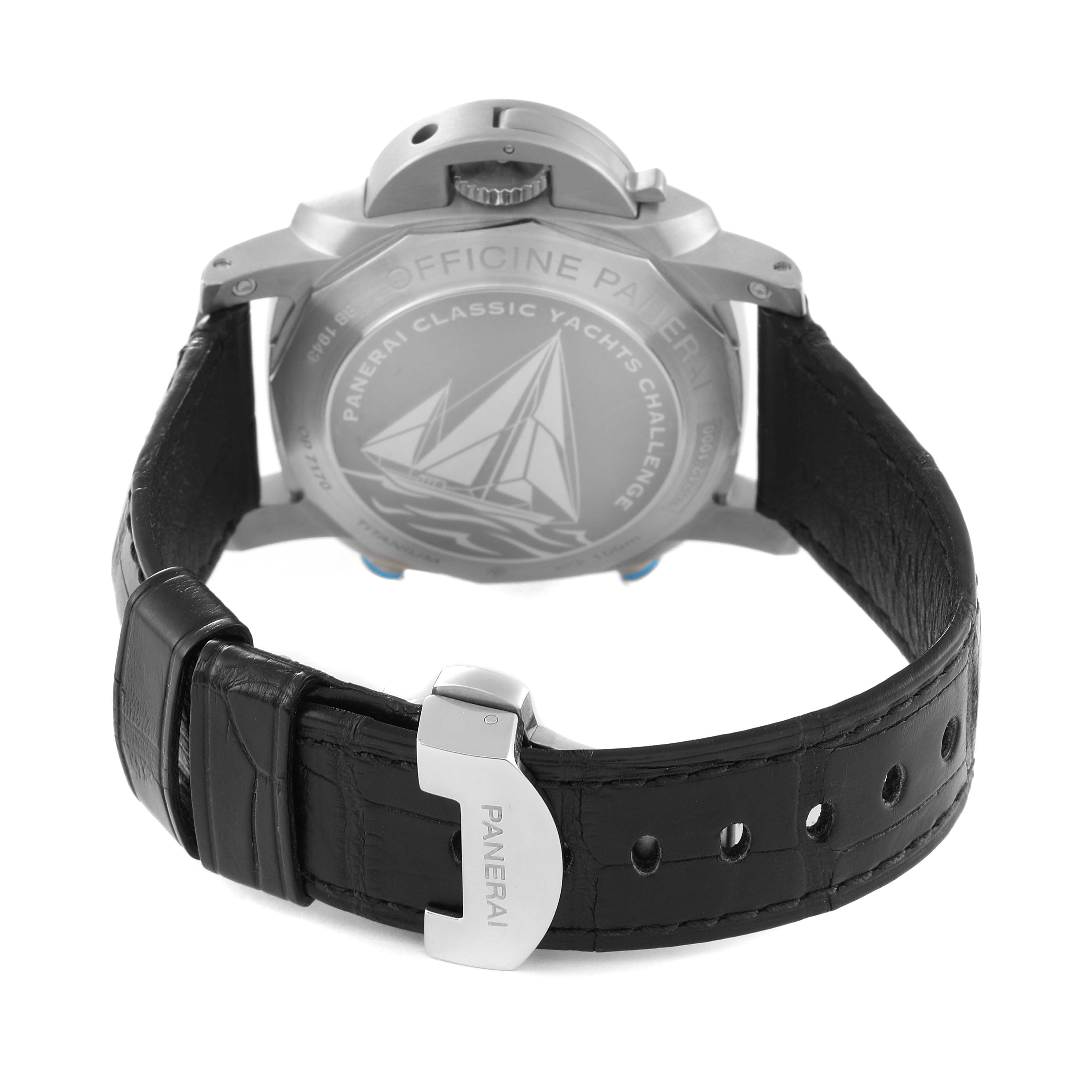The image shows the back view of a Panerai Luminor PAM00764 Men's Titanium Black Dial PAM00764 Men's Titanium Black Dial watch, highlighting the case back and the black leather strap with the Panerai buckle.