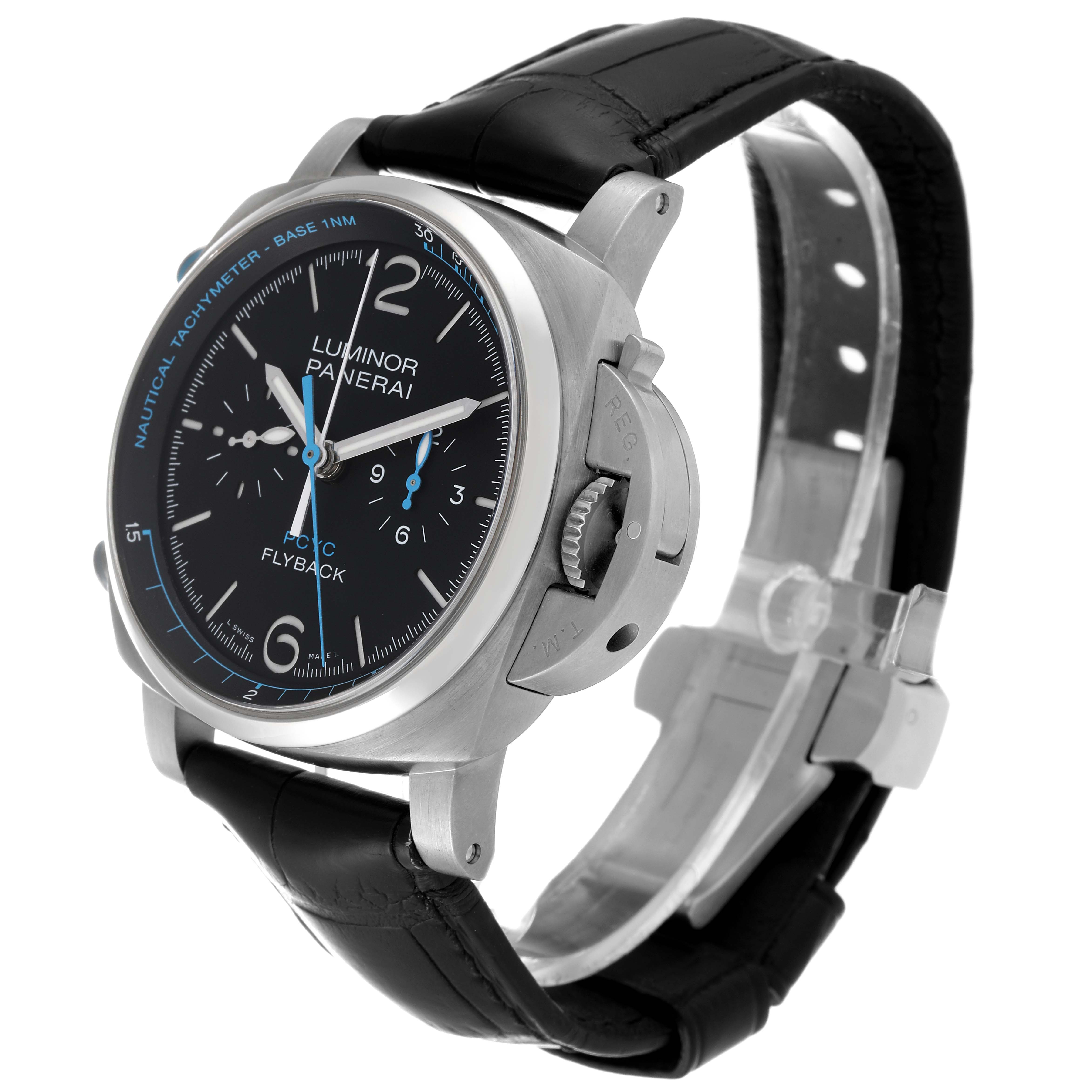 This image shows a Panerai Luminor PAM00764 Men's Titanium Black Dial PAM00764 Men's Titanium Black Dial model watch at a three-quarter angle, highlighting the face, case, and strap.