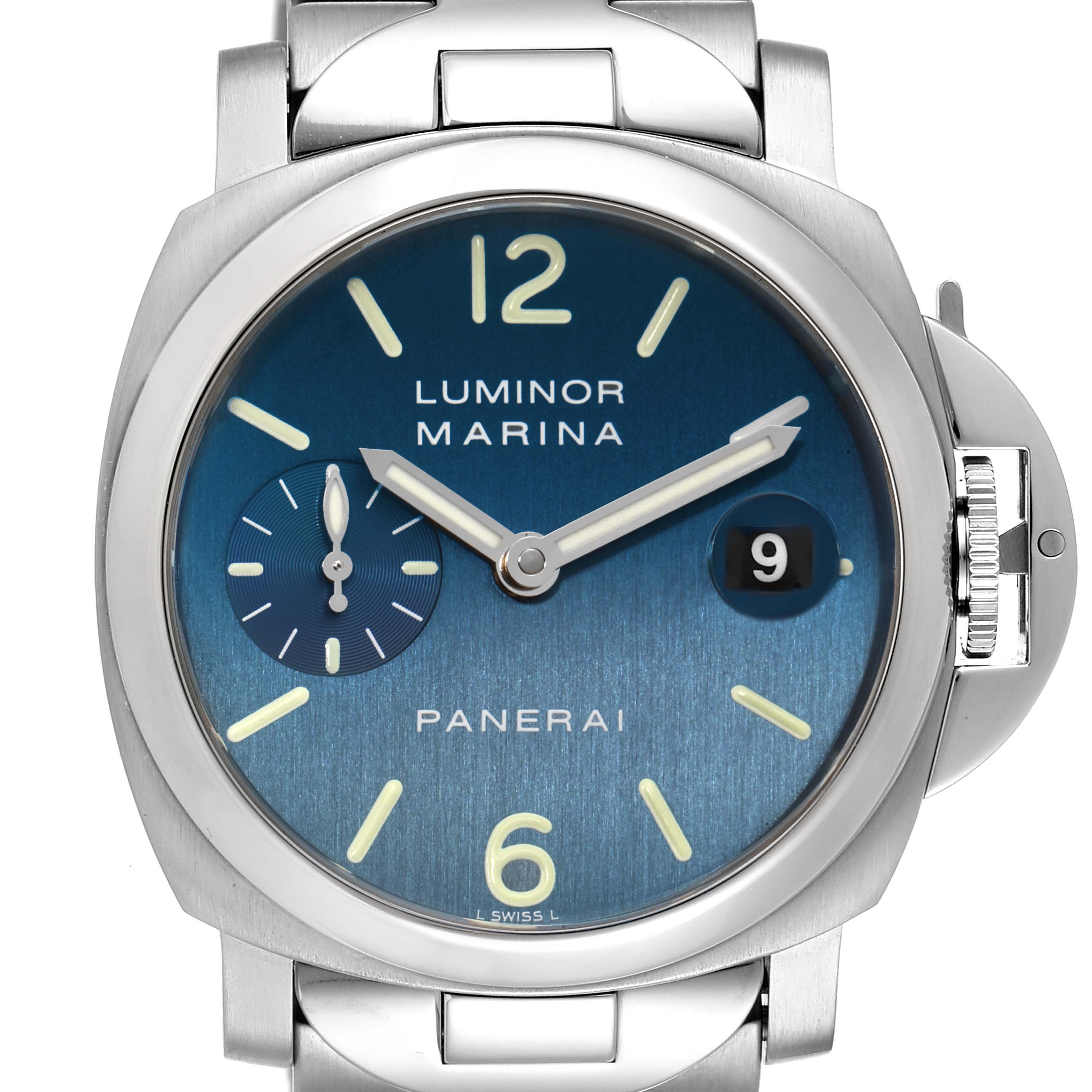 This is a frontal view of a Panerai Luminor PAM00120 Men's Stainless Steel Blue Dial PAM00120 Men's Stainless Steel Blue Dial Marina watch displaying the dial, date window, and part of the bracelet.