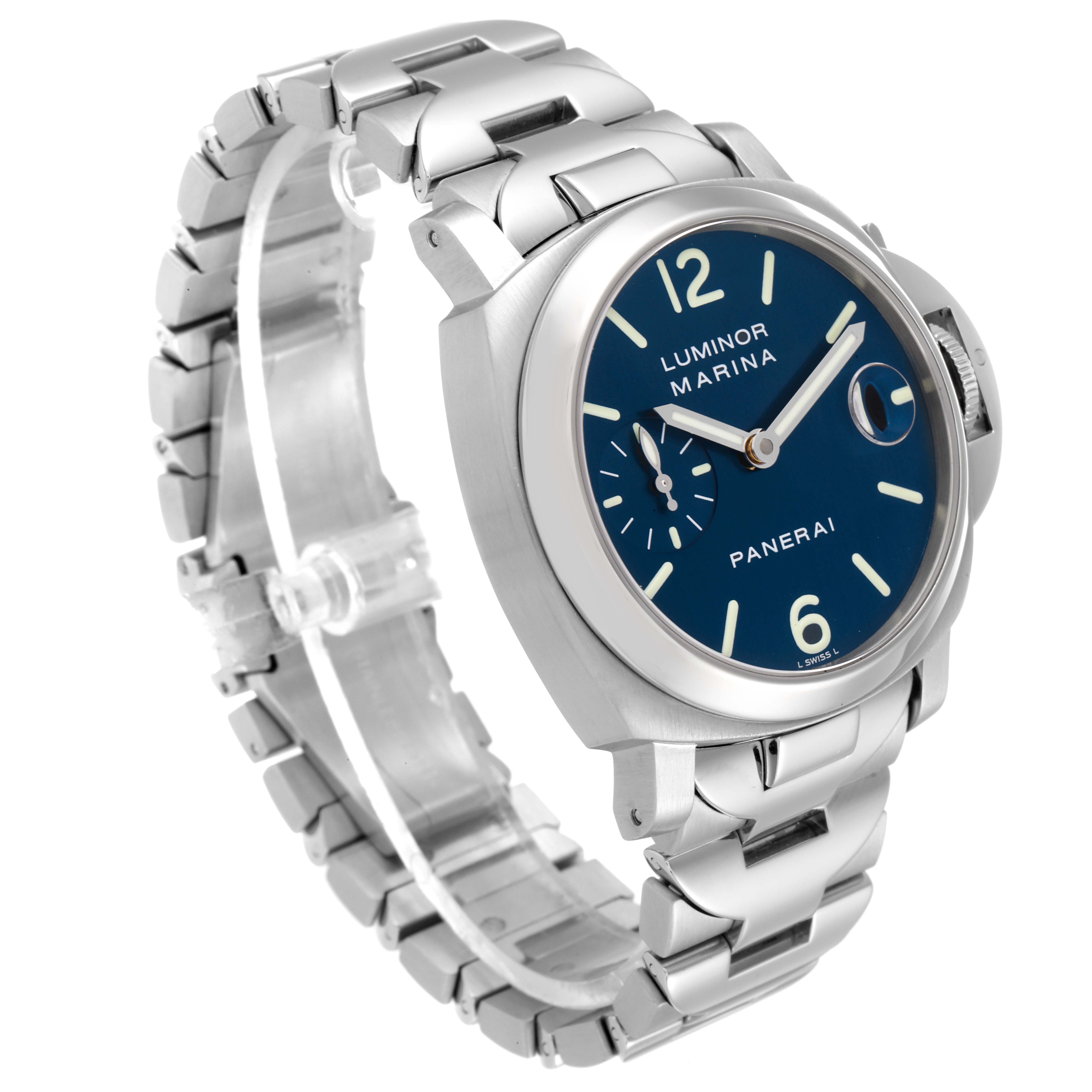 The image shows a Panerai Luminor PAM00120 Men's Stainless Steel Blue Dial PAM00120 Men's Stainless Steel Blue Dial watch from a three-quarter angle, highlighting the face, bracelet, and crown protector.