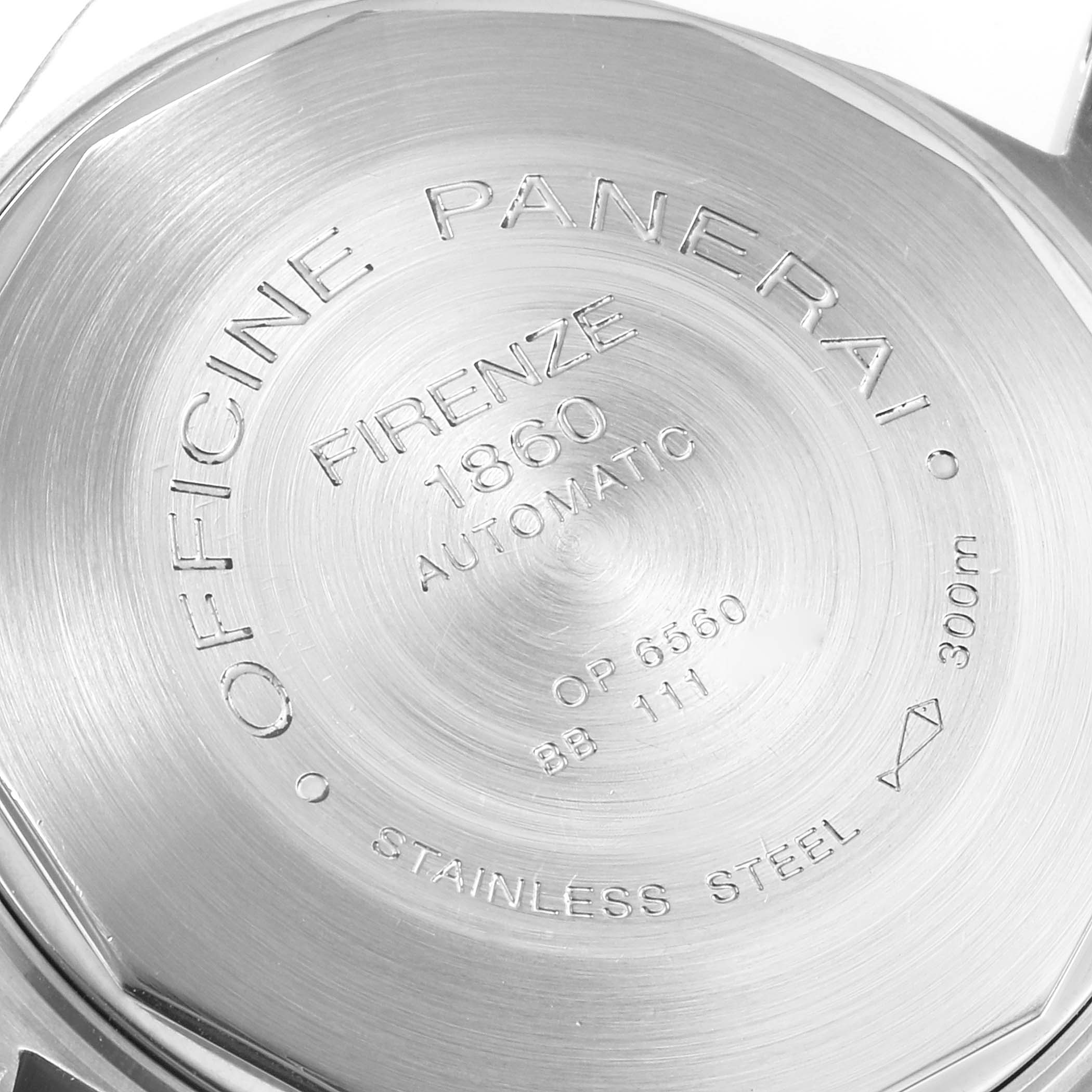 This image shows the back case of a Panerai Luminor PAM00120 Men's Stainless Steel Blue Dial PAM00120 Men's Stainless Steel Blue Dial watch, displaying the brand name, model, and specifications.