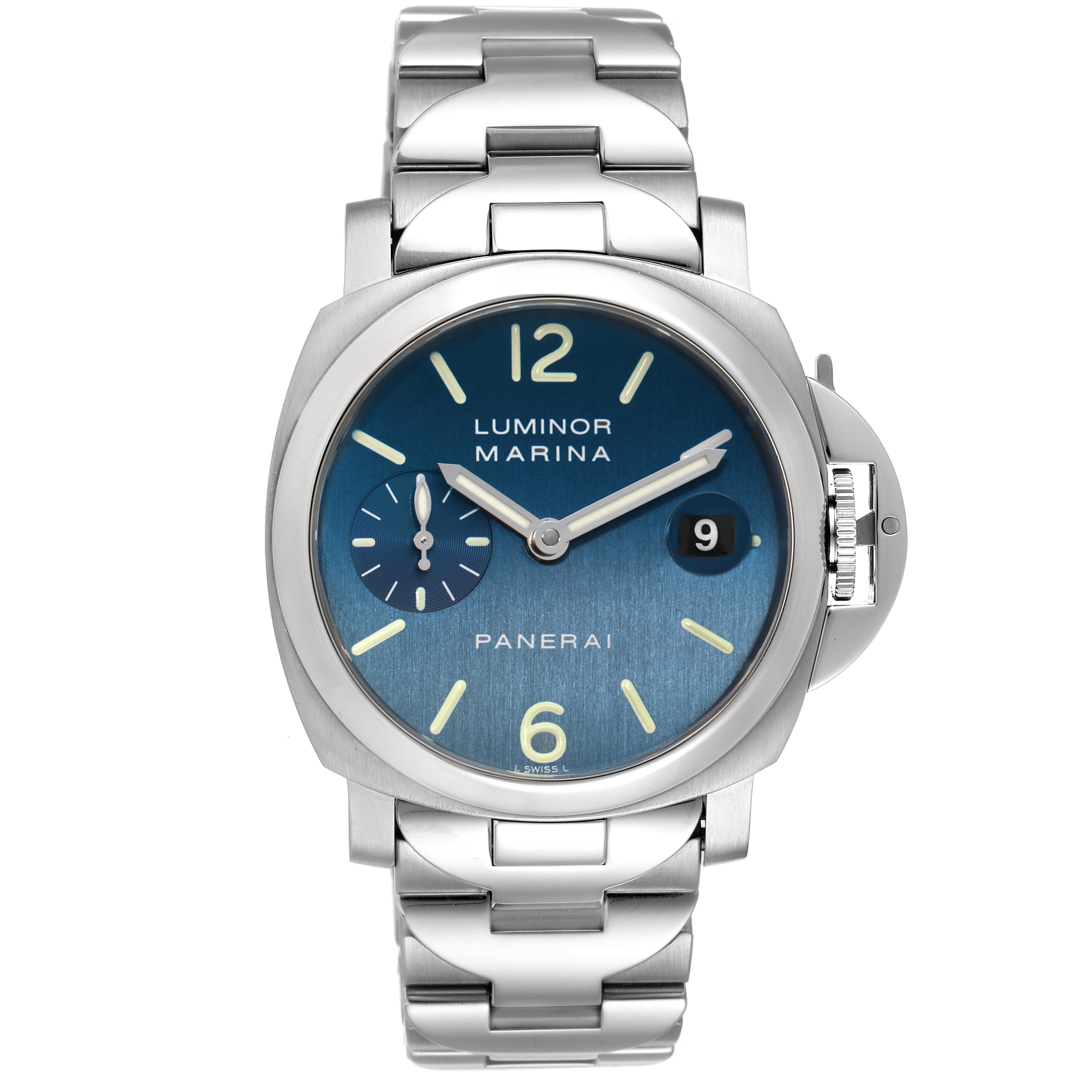 This image shows a Panerai Luminor PAM00120 Men's Stainless Steel Blue Dial PAM00120 Men's Stainless Steel Blue Dial Marina watch front view, highlighting its blue dial, metal bracelet, and crown guard.