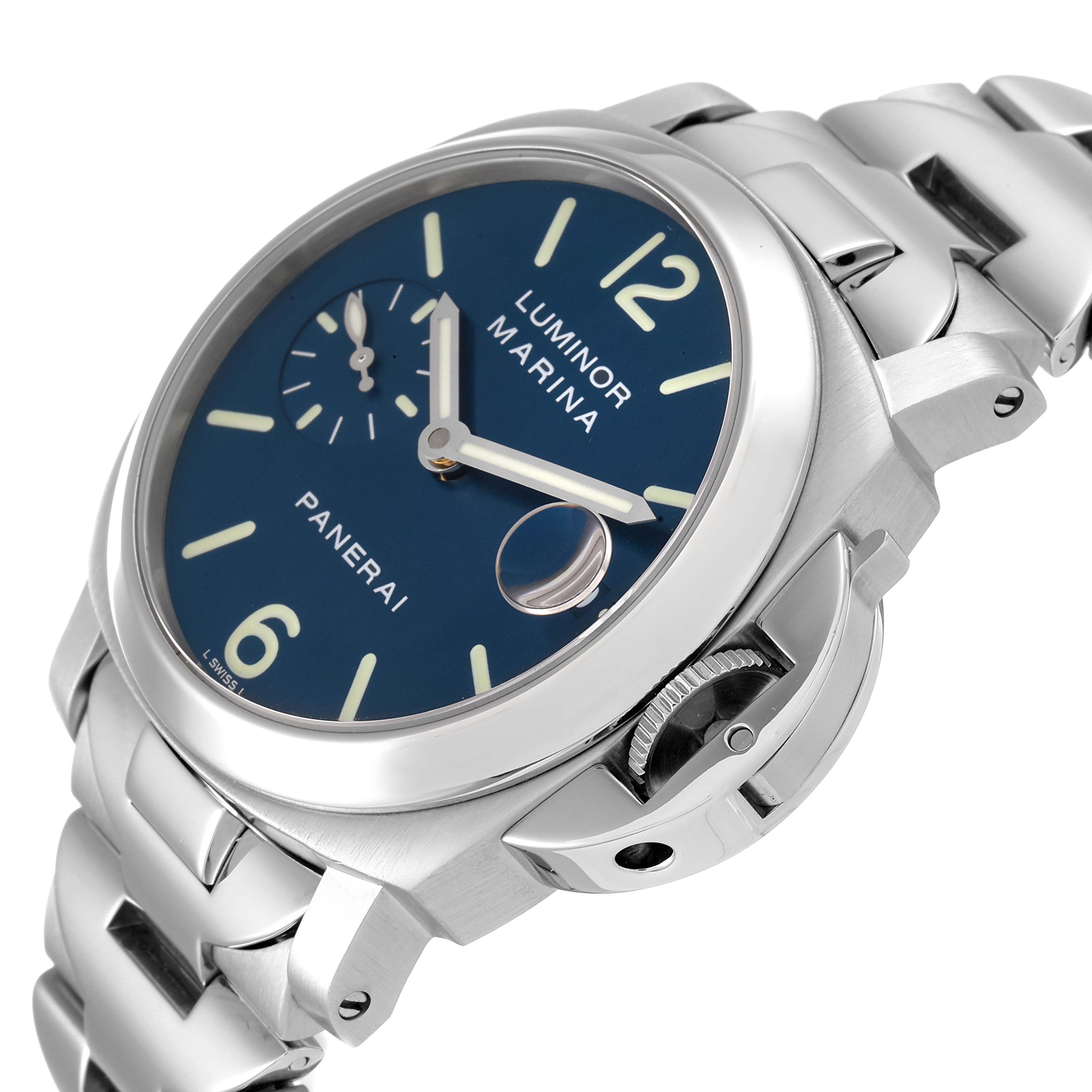 The image shows a Panerai Luminor PAM00120 Men's Stainless Steel Blue Dial PAM00120 Men's Stainless Steel Blue Dial watch at an angled close-up highlighting the face, crown guard, and bracelet.