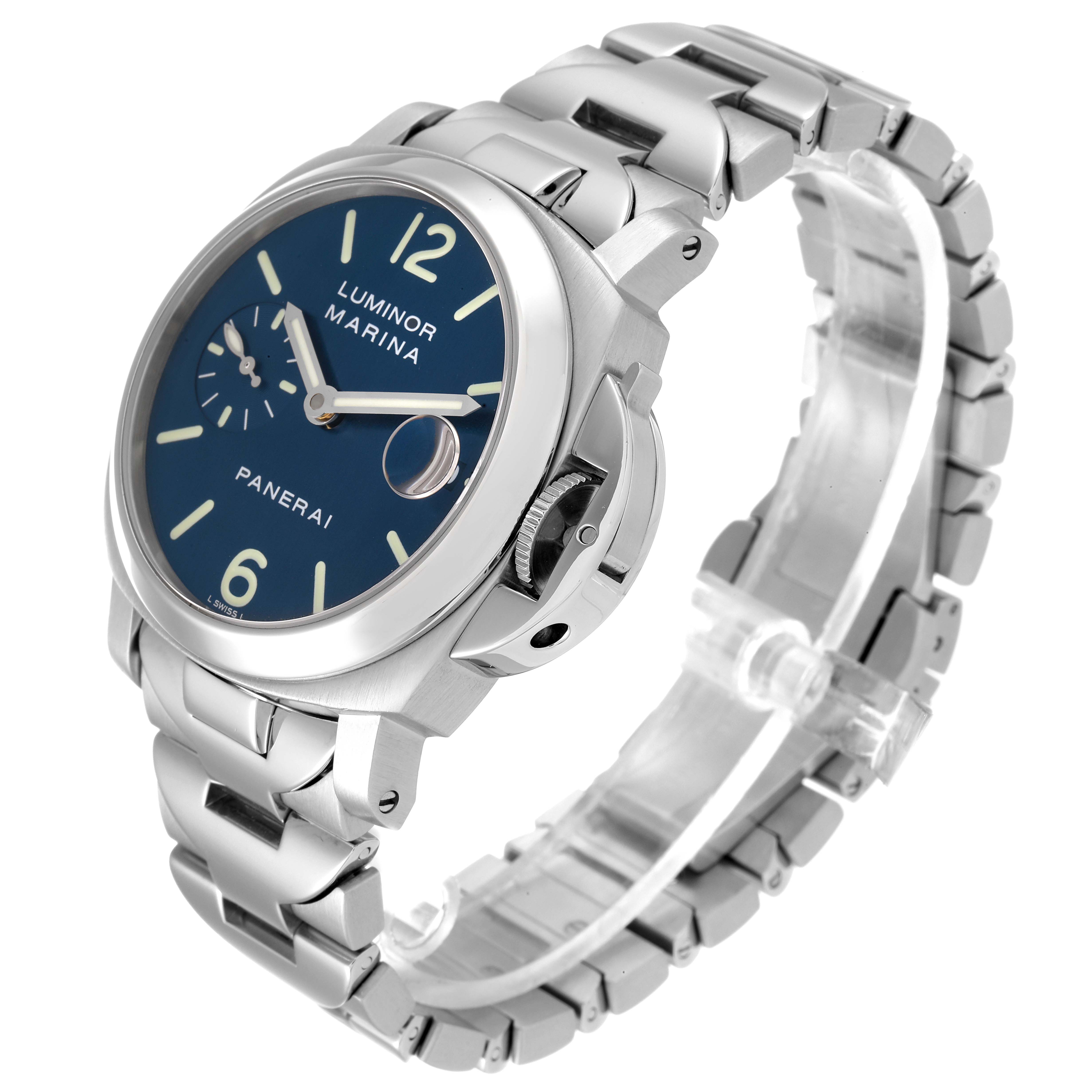 This image shows a Panerai Luminor PAM00120 Men's Stainless Steel Blue Dial PAM00120 Men's Stainless Steel Blue Dial Marina watch from an angled view, highlighting its blue dial, stainless steel case, and bracelet.