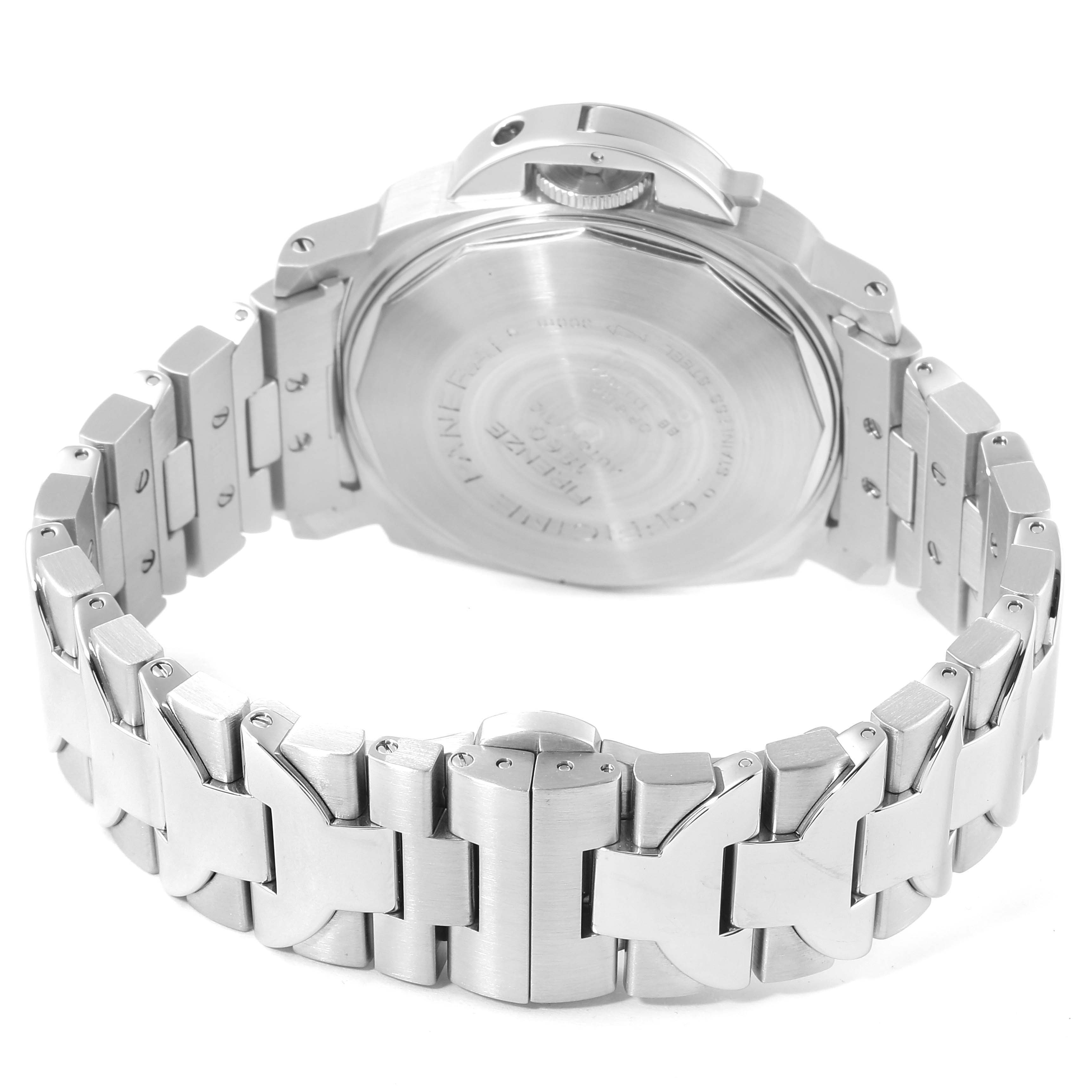 This image shows the back view of a Panerai Luminor PAM00120 Men's Stainless Steel Blue Dial PAM00120 Men's Stainless Steel Blue Dial watch, emphasizing the case back and metal bracelet.