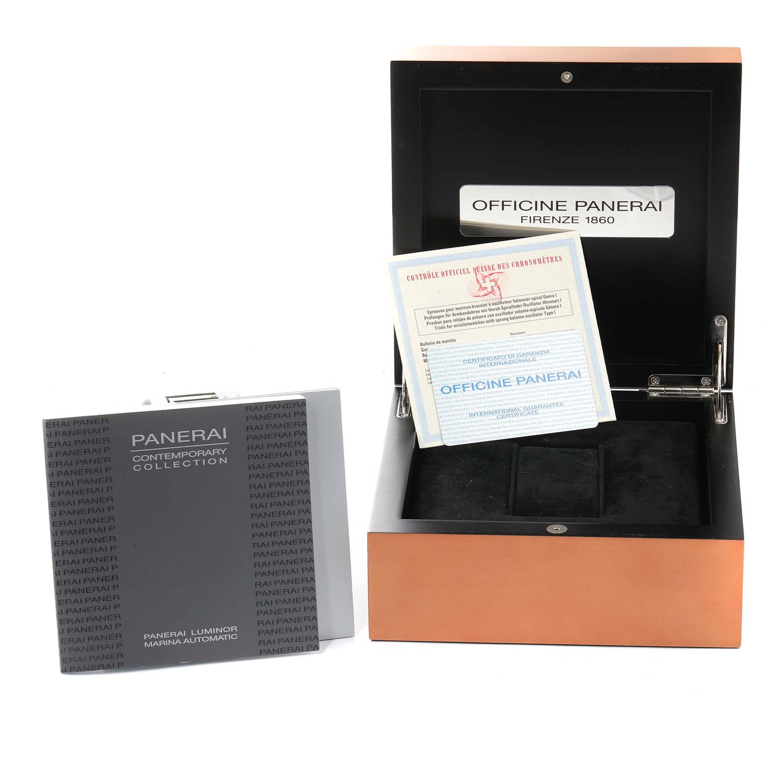 The image shows the open box and warranty booklet for a Panerai Luminor PAM00120 Men's Stainless Steel Blue Dial PAM00120 Men's Stainless Steel Blue Dial model watch.