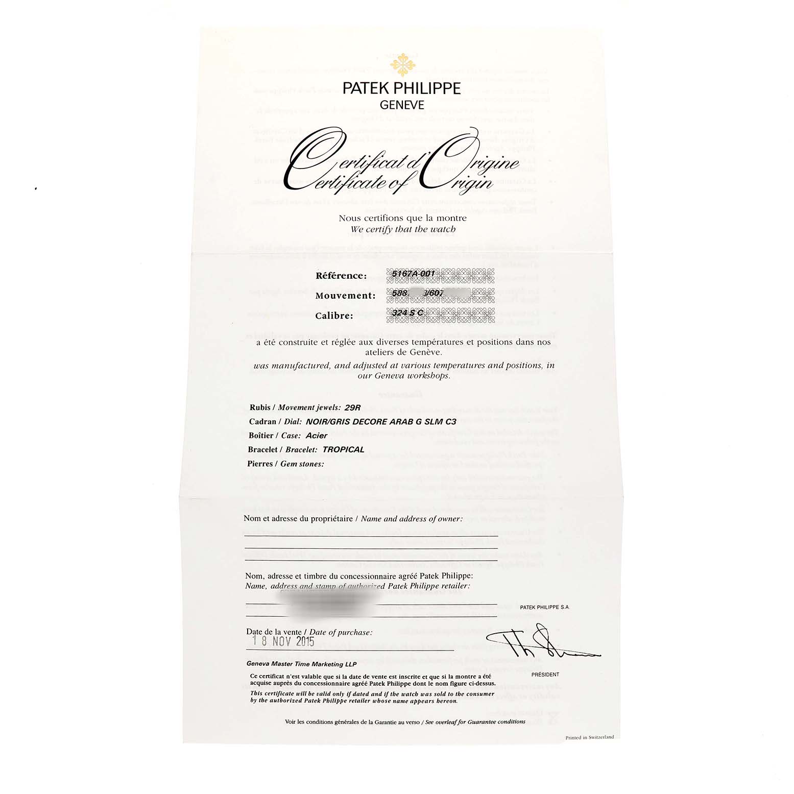 This image shows the Certificate of Origin for a Patek Philippe Aquanaut 5167A-001 Men's Stainless Steel Grey Dial watch, detailing specifications like movement and case material.