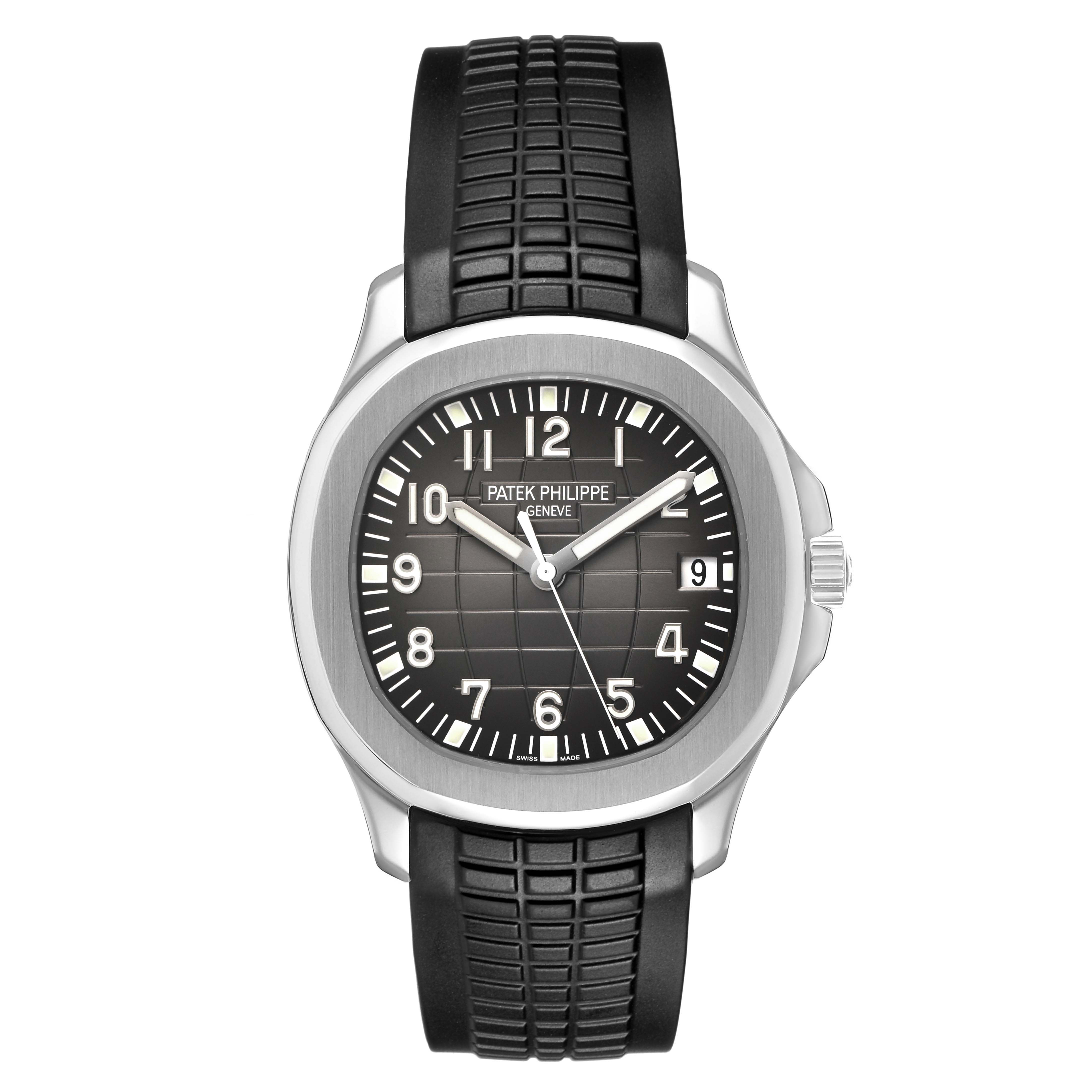 The Patek Philippe Aquanaut 5167A-001 Men's Stainless Steel Grey Dial watch is shown from the front, displaying the face, bezel, and rubber strap.