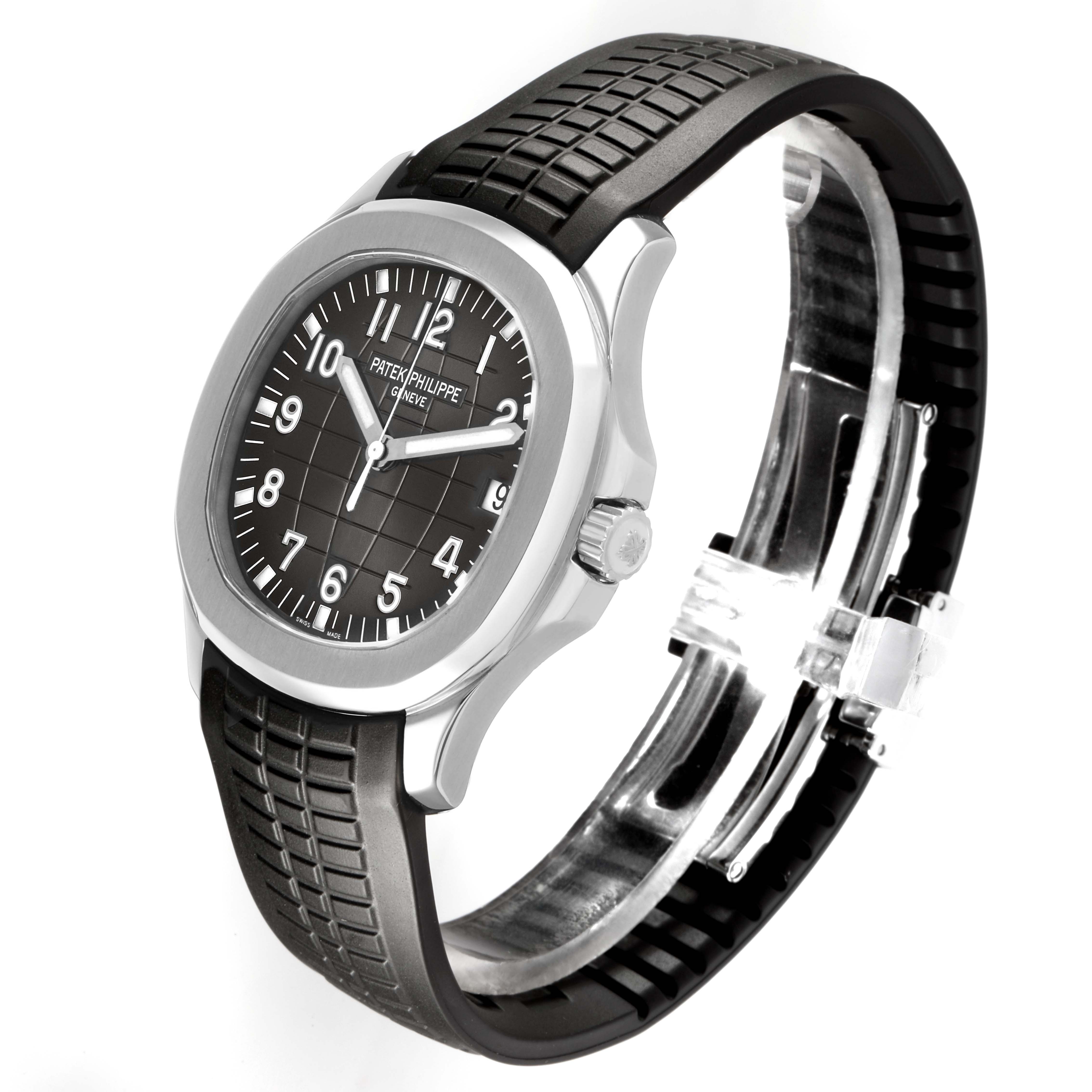 The Patek Philippe Aquanaut 5167A-001 Men's Stainless Steel Grey Dial watch is shown from a three-quarter angle, highlighting the case, dial, and rubber strap.