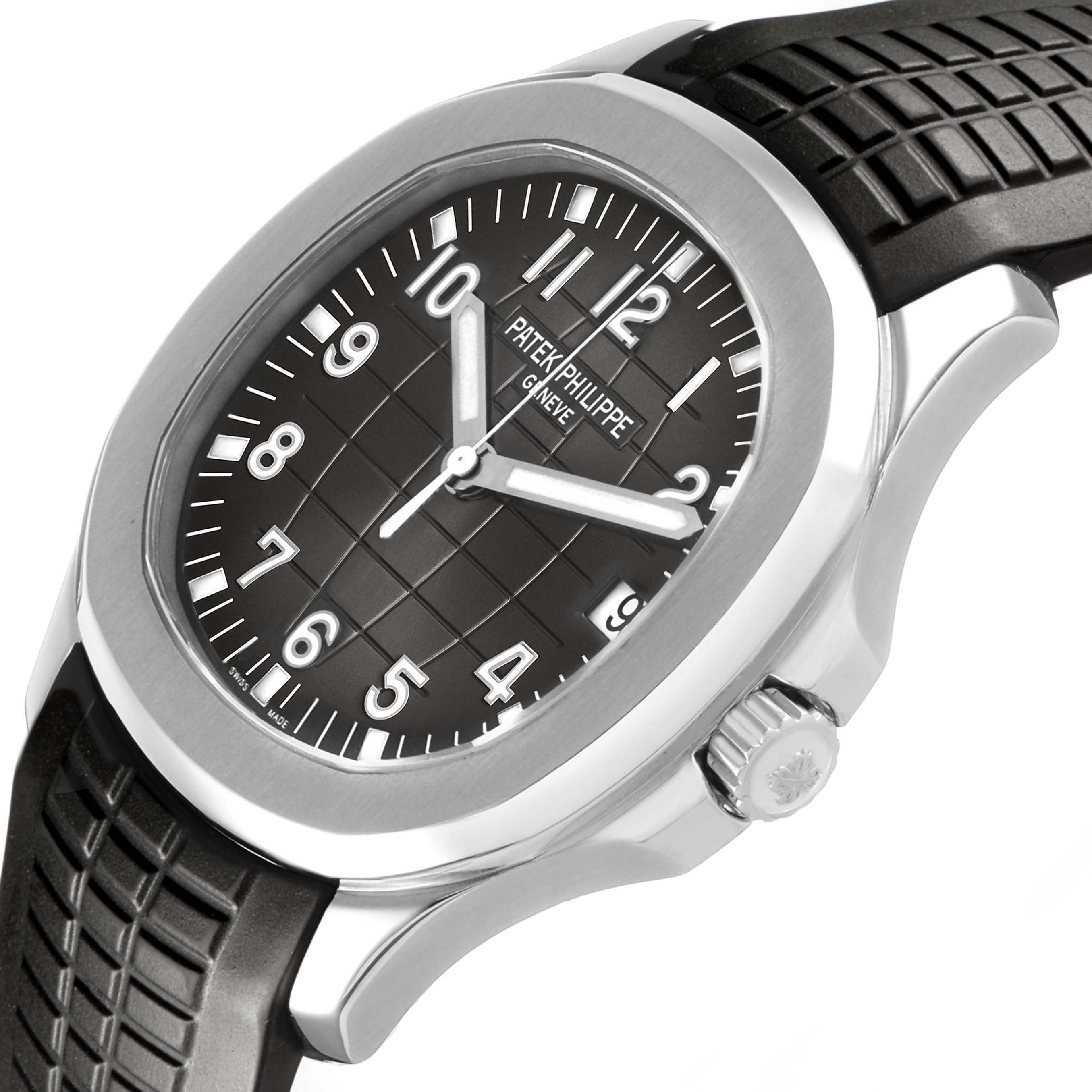 The Patek Philippe Aquanaut 5167A-001 Men's Stainless Steel Grey Dial watch is shown at a three-quarter angle, highlighting the dial, bezel, and rubber strap.