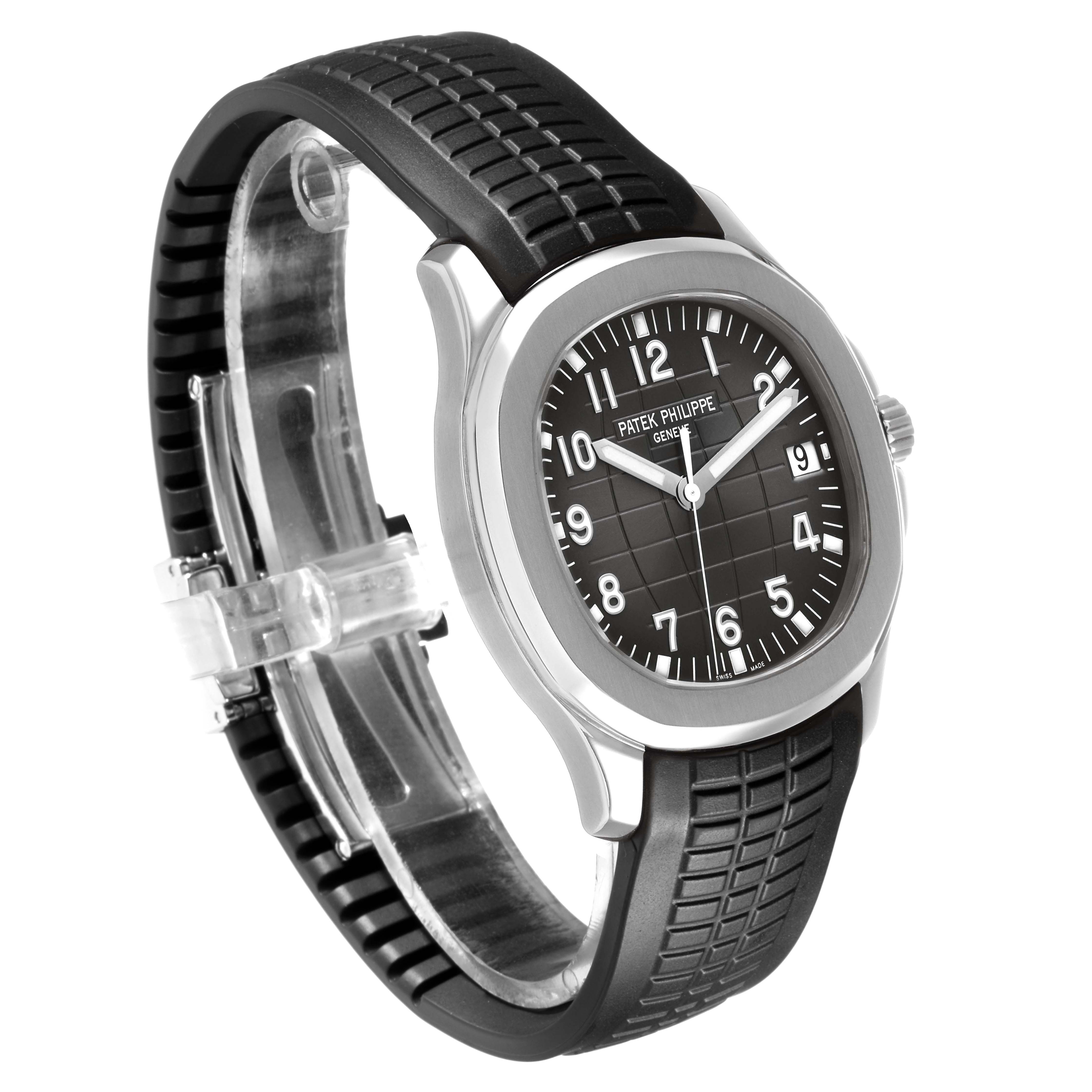 The Patek Philippe Aquanaut 5167A-001 Men's Stainless Steel Grey Dial watch is shown at a diagonal angle, highlighting the dial, bezel, and textured strap.