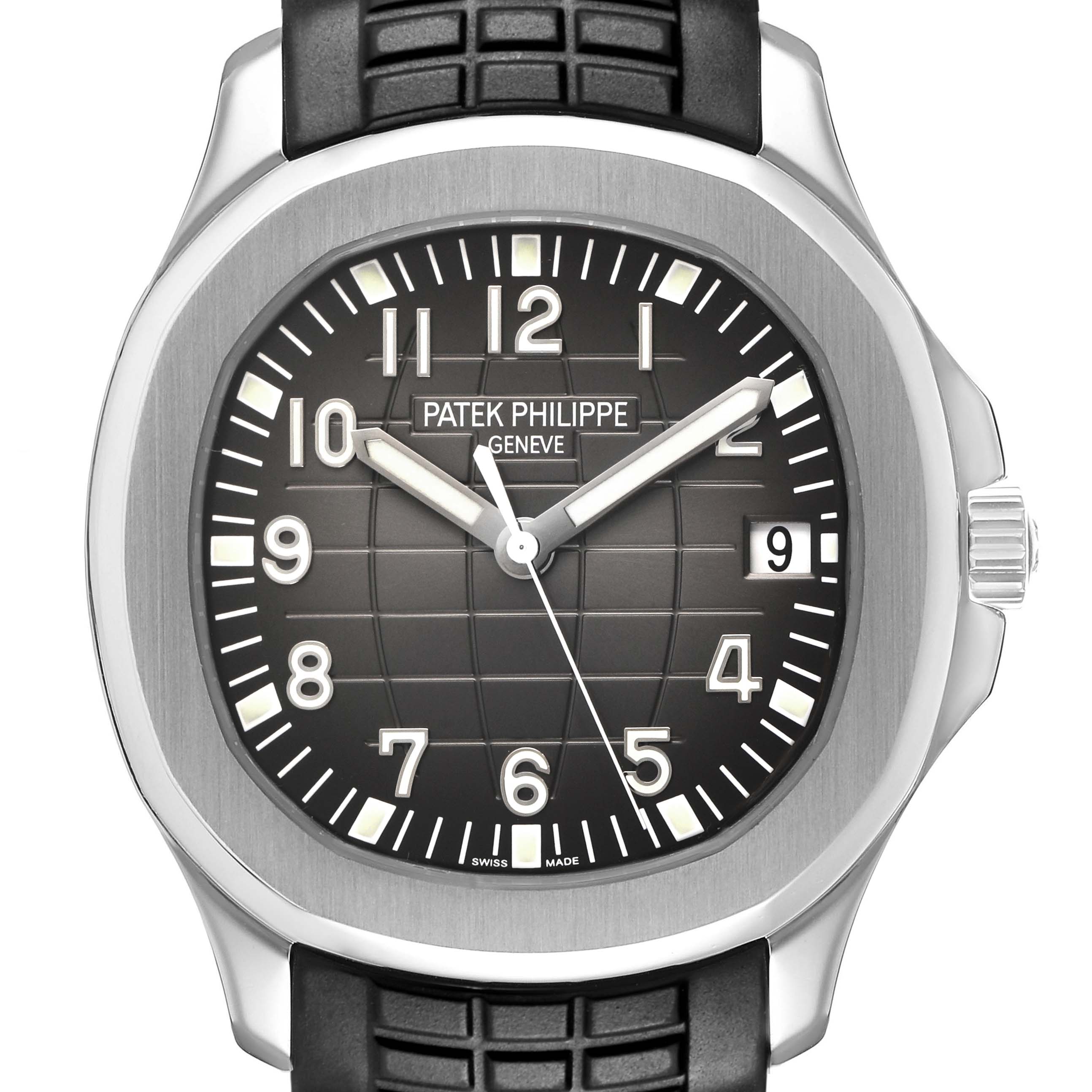The Patek Philippe Aquanaut 5167A-001 Men's Stainless Steel Grey Dial watch is shown from a front angle, highlighting the dial, hour markers, hands, and bezel.